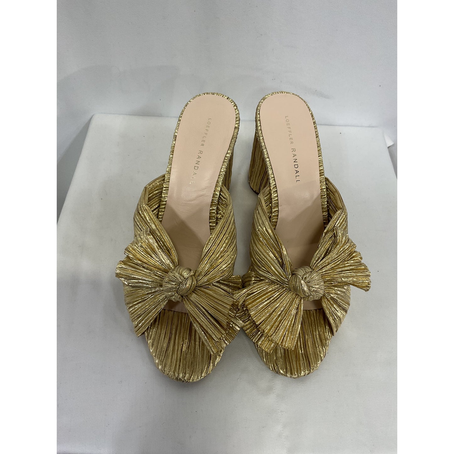 Loeffler Randall 'Penny' Gold Leather Pleated Bow Sandals Size 10
