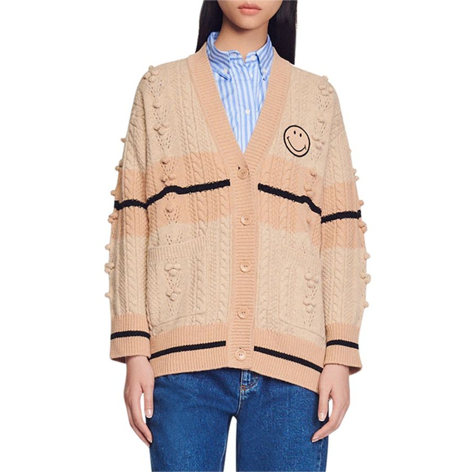 Sandro 'Simon' Brown Long Sleeve Smiley Patch Cardigan Size XS