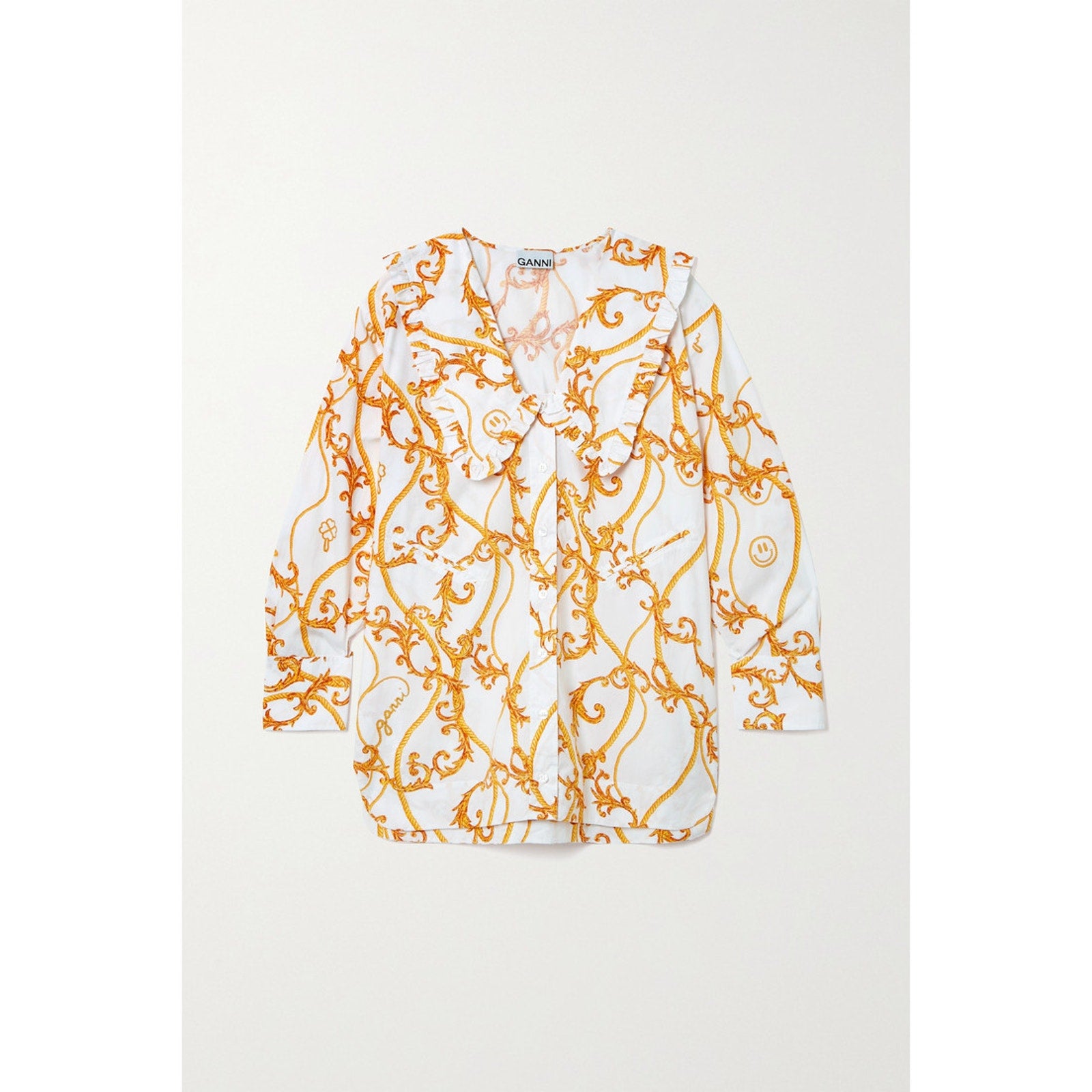 Ganni 'Oversized' White Ruffled Printed Organic Cotton-Poplin Blouse Size 34