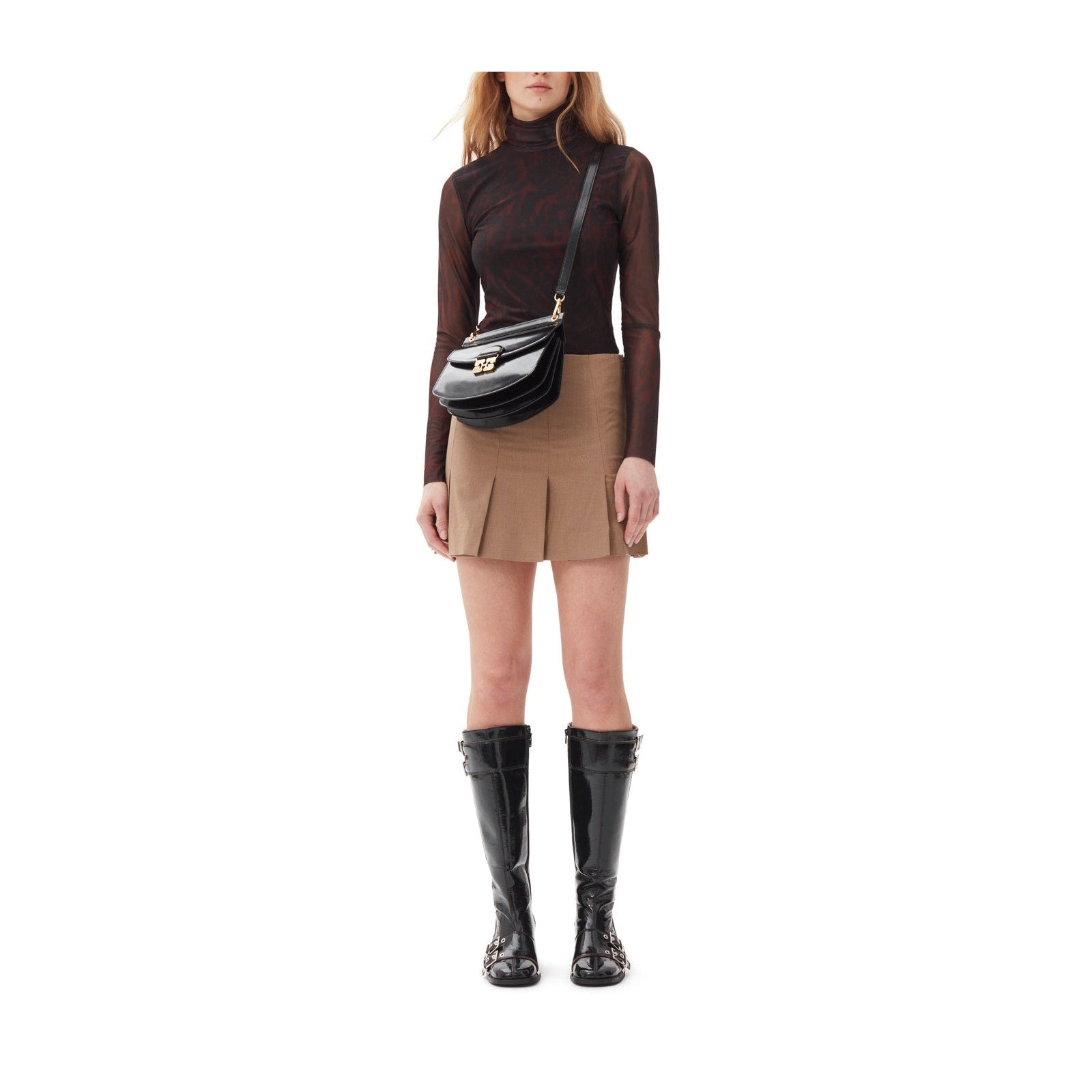 Ganni 'Drapey Melange' Brown Logo Mini Skirt Size 38