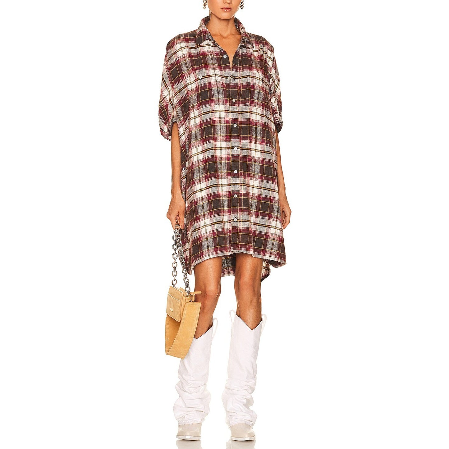 R13 'Plaid' Red Cotton Oversized Boxy Shirt Dress Size S