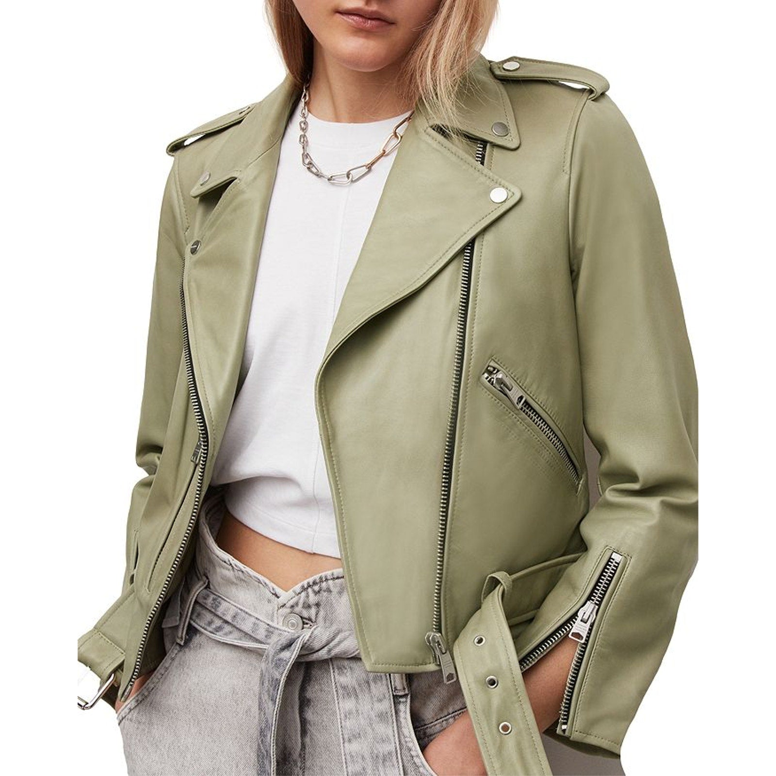 AllSaints 'Balfern' Grey Leather Biker Jacket Size 4