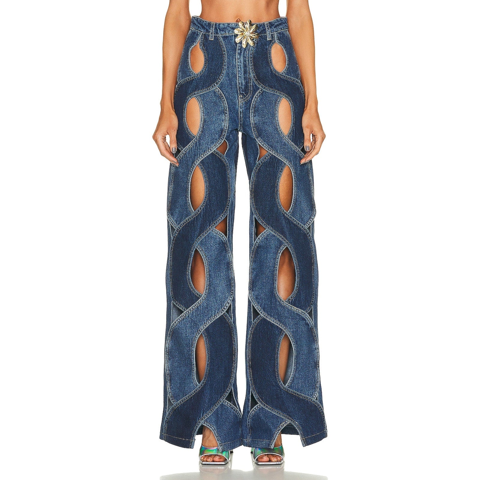 Area 'Rope' Blue Floral Cutout Wide Leg Denim Jean Size 26 - NWT
