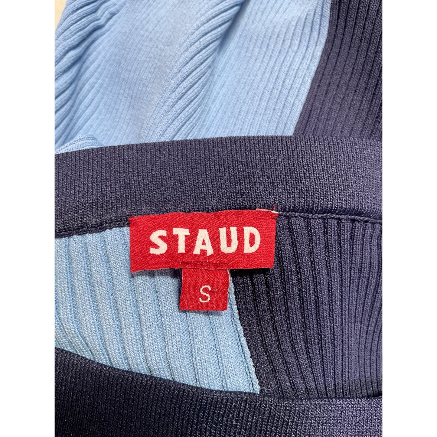 Staud 'Lorraine' Blue Viscose Two-Tone Ribbed-Knit Midi Skirt Size S