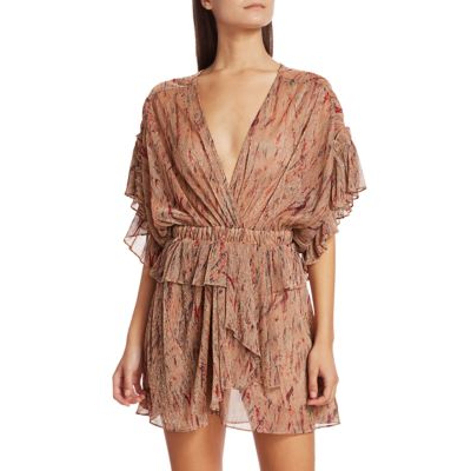 Iro 'Buoux' Pink Metallic Print Ruffle Flutter Sleeve V-Neck Mini A-Line Dress Size 4