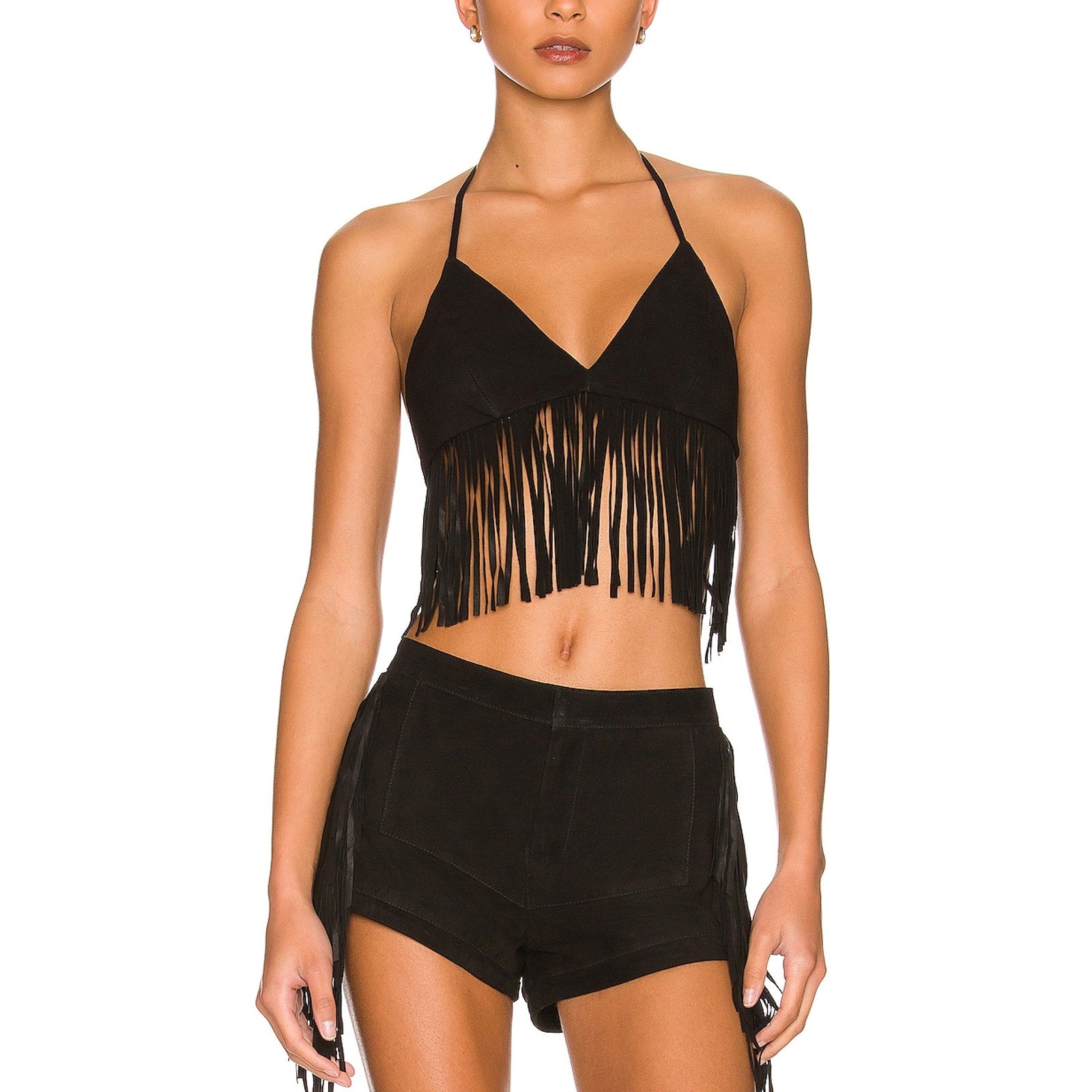 Lamarque 'Sabbi' Black Halterneck Back Tie Fringe Trim Suede Leather Top Size S