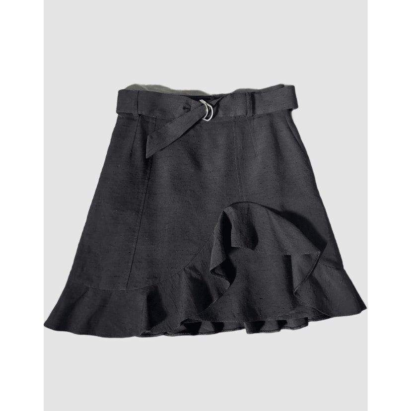 Sandro 'Amy' Black Belted Ruffled Slub Woven Mini Skirt Size 1