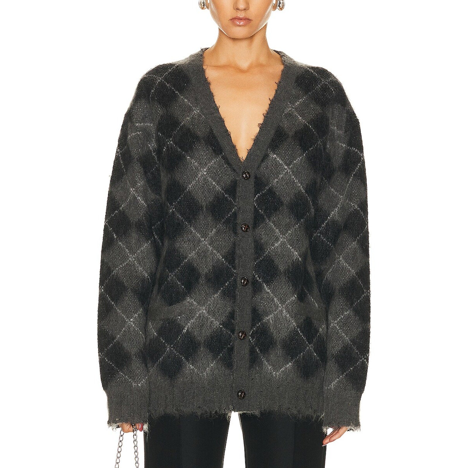 R13 'Fluffy' Black Plaid Oversized Distressed Edge Cardigan Size XS