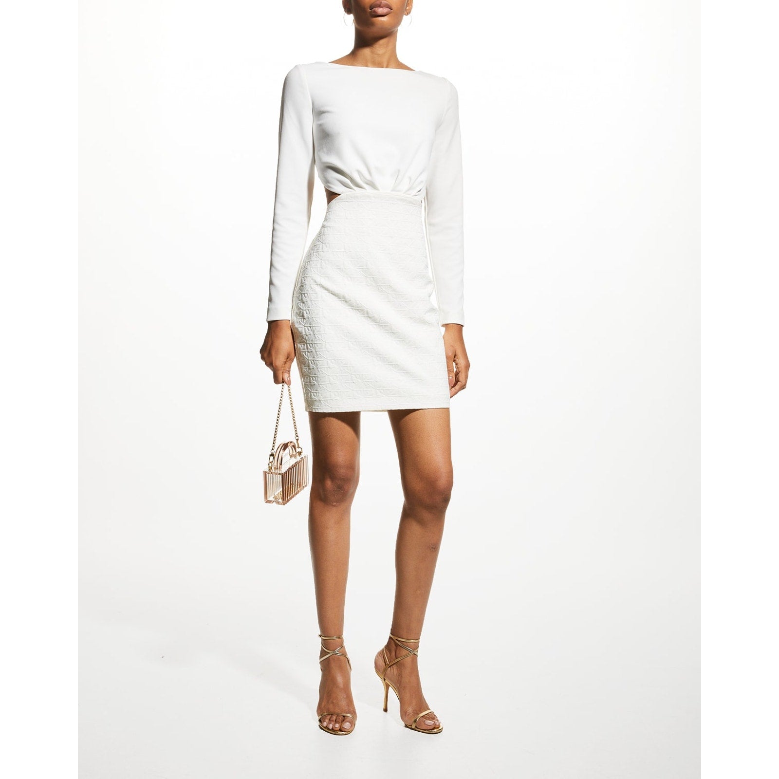 One33 'Social' White Jacquard Crepe Blend Open Back Twist Detail Boatneck Blouse Size 8