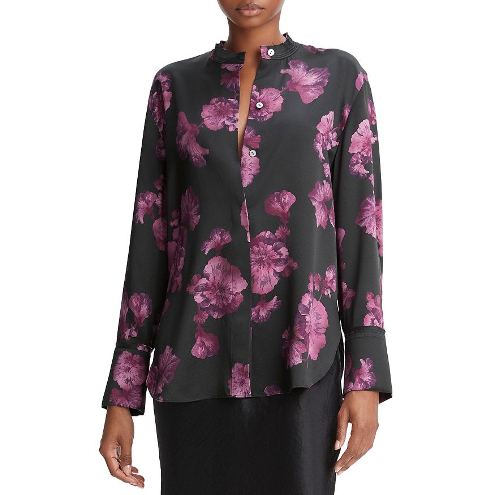 Vince 'Begonia' Black Floral Silk Banded Long Sleeve Collar Shirt Size M