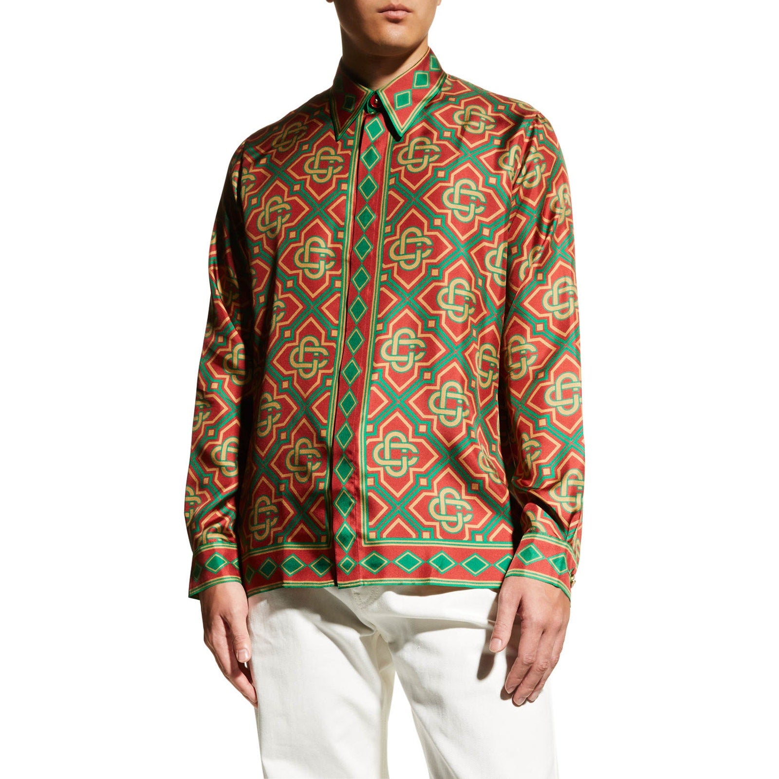 Casablanca 'Diamond' Red Monogram Long Sleeve Collared Silk Shirt Size S