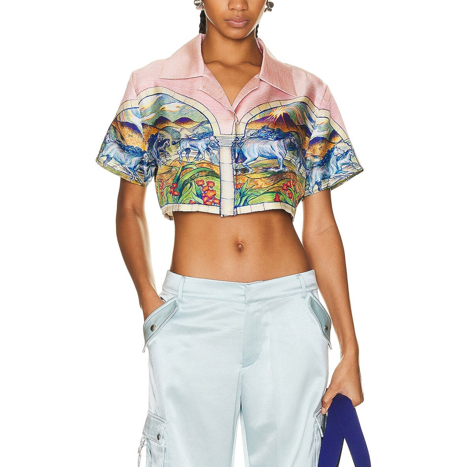 Casablanca Blue Silk Crop Shirt Size 38
