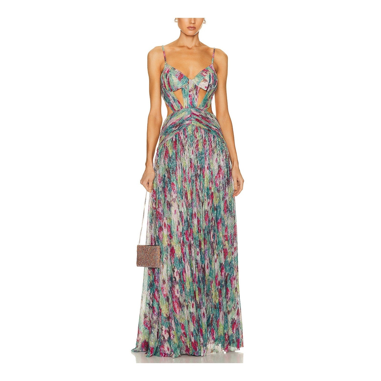 Patbo Printed Lurex Pink Polyester Sleeveless Cut Out Gown Size 0
