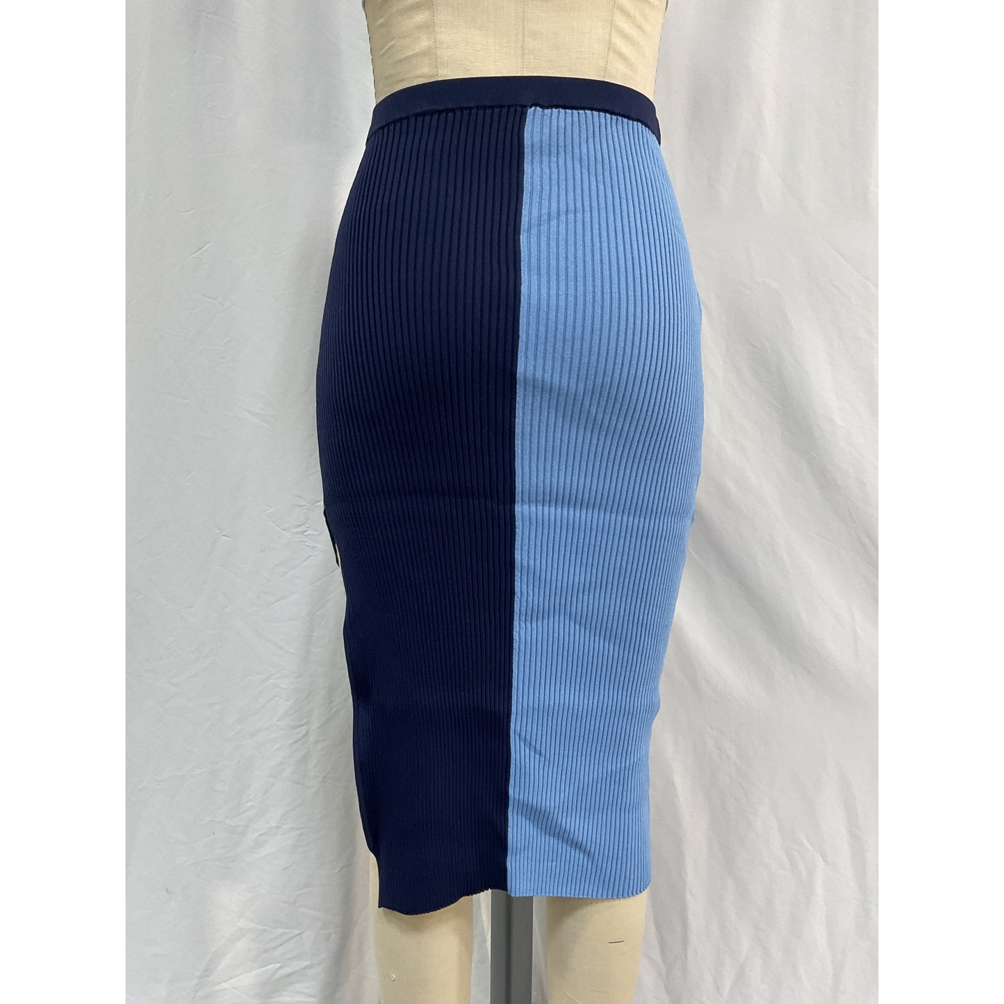 Staud 'Lorraine' Blue Viscose Two-Tone Ribbed-Knit Midi Skirt Size S