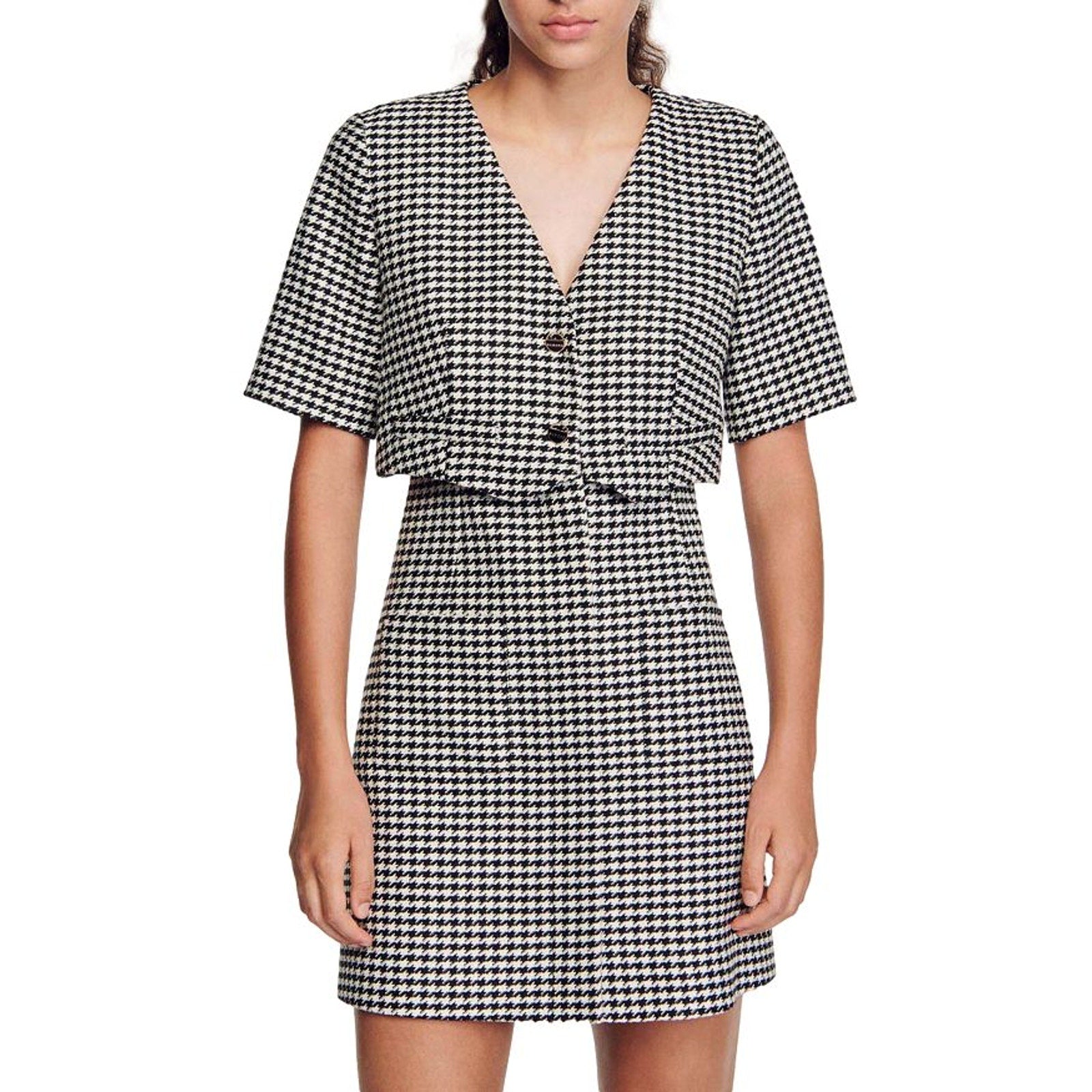 Sandro 'Charlotte' Black Acrylic Layered Houndstooth Tweed Dress Size 2