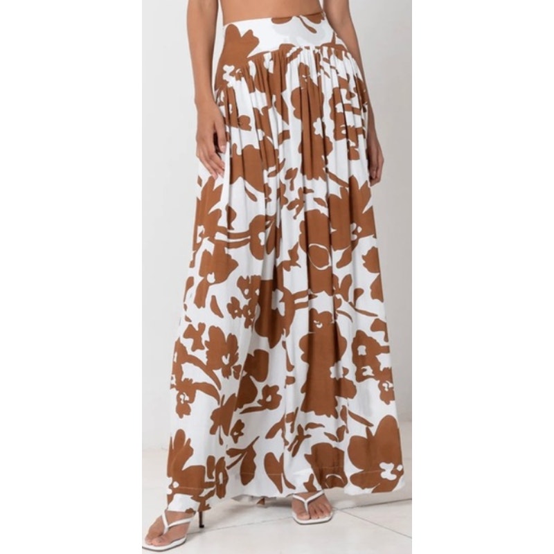 Swf Pleated Abstract Brown Floral Maxi Skirt Size M