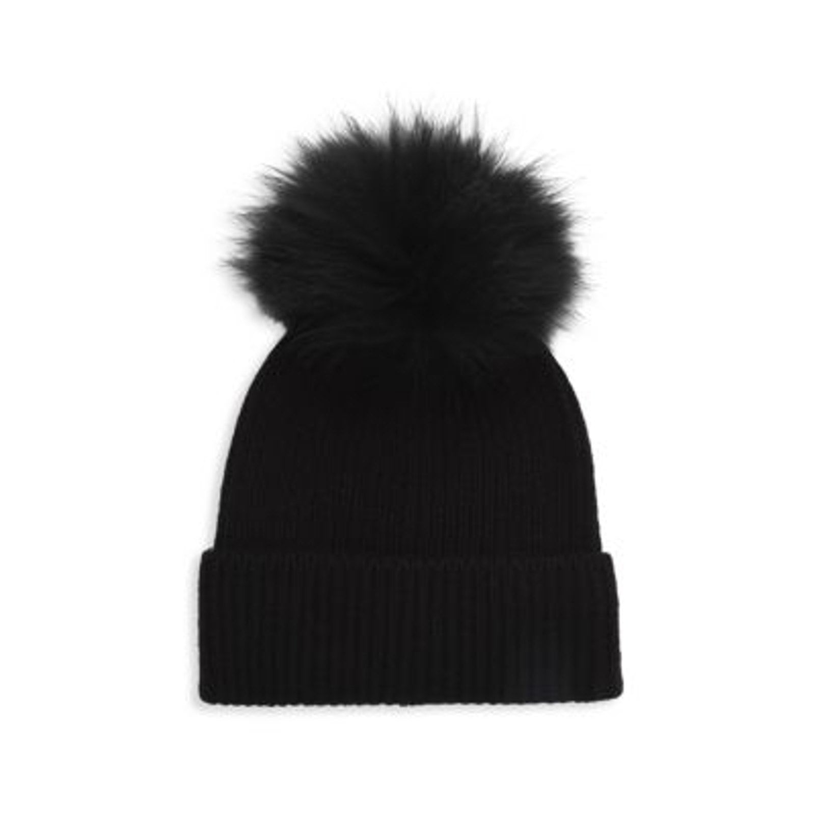 Amicale Cashmere & Fox Fur Black Pom-Pom Beanie Size OS
