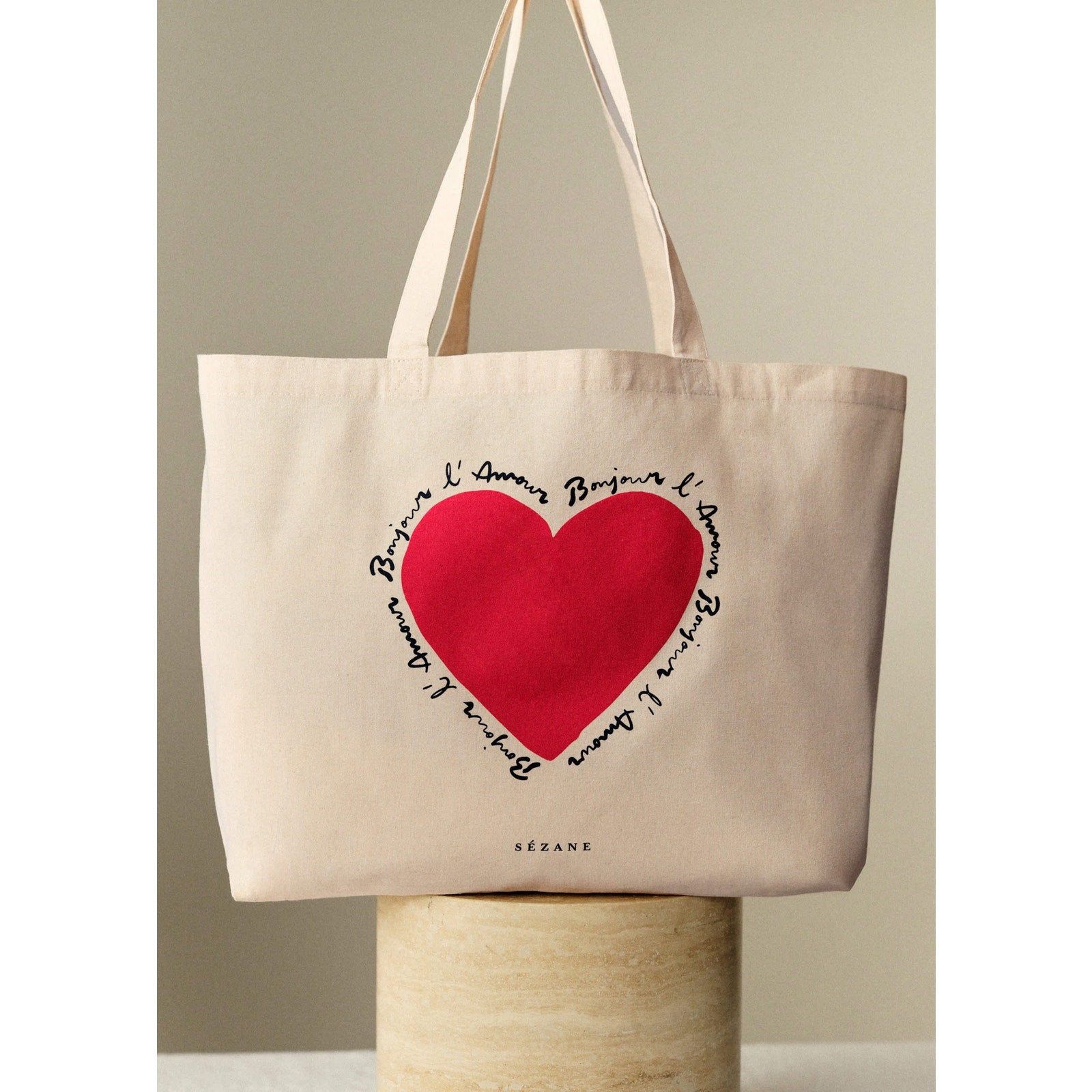 S�zane "Bonjour L'Amour" White Cotton Tote Bag