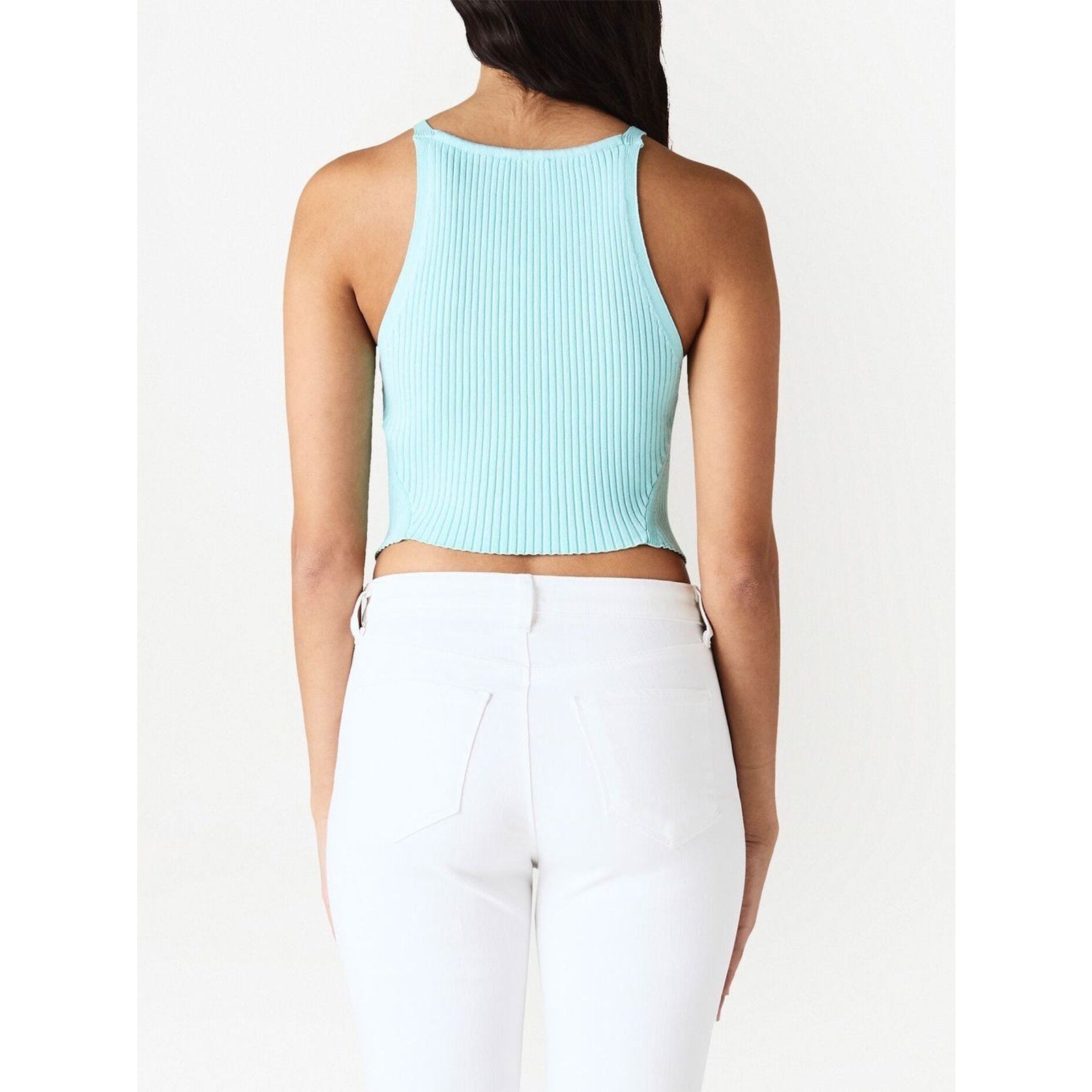 Courr�Ges Ribbed-Knit Blue Viscose Pointed-Hem Tank Top Size S
