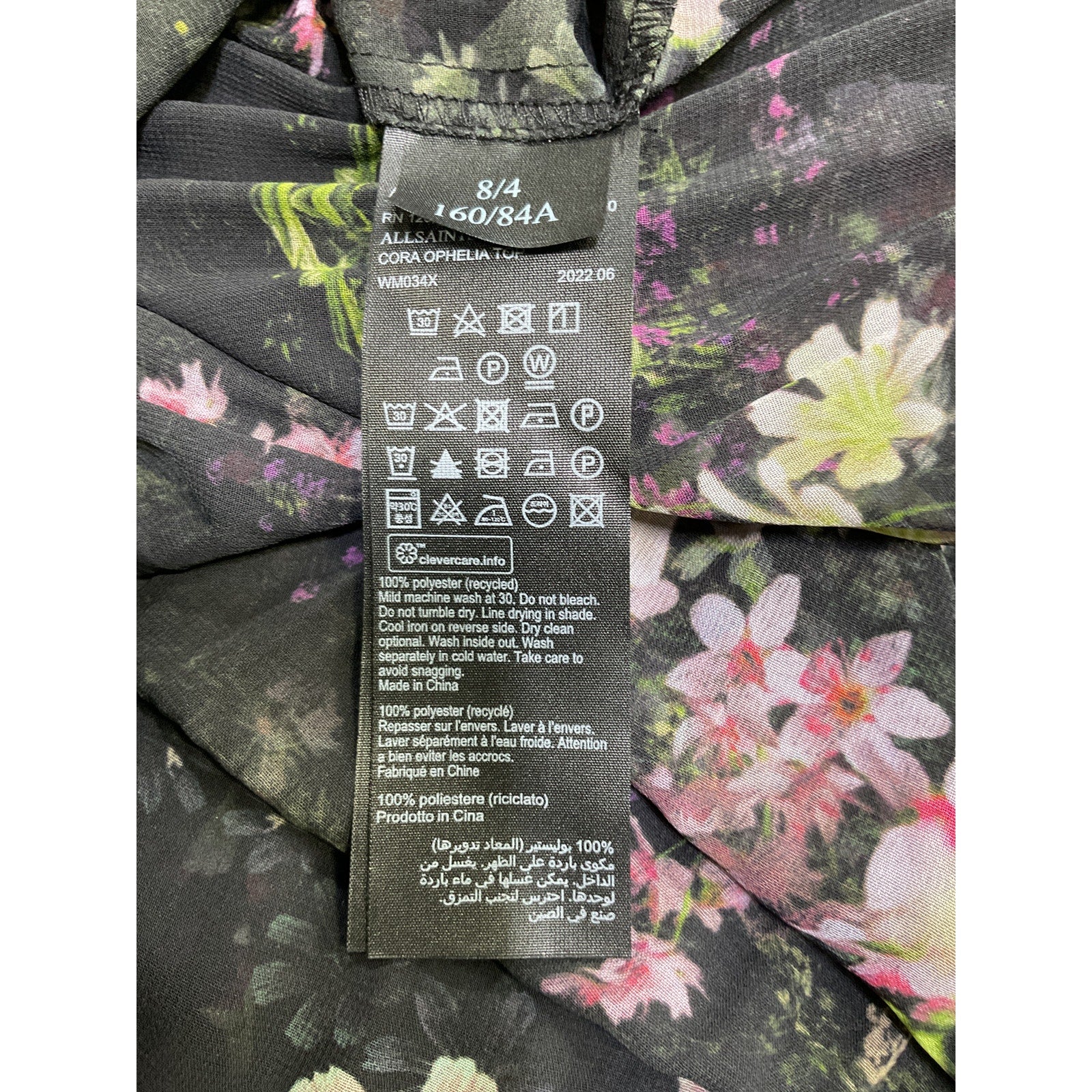 Allsaints 'Cora' Black Polyester Ophelia Pleated Floral Blouse Size 4