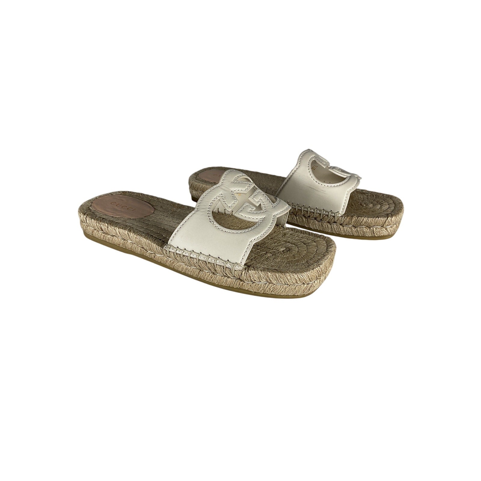 Gucci Interlocking G White Leather Cut Out Slide Sandals Size 7.5