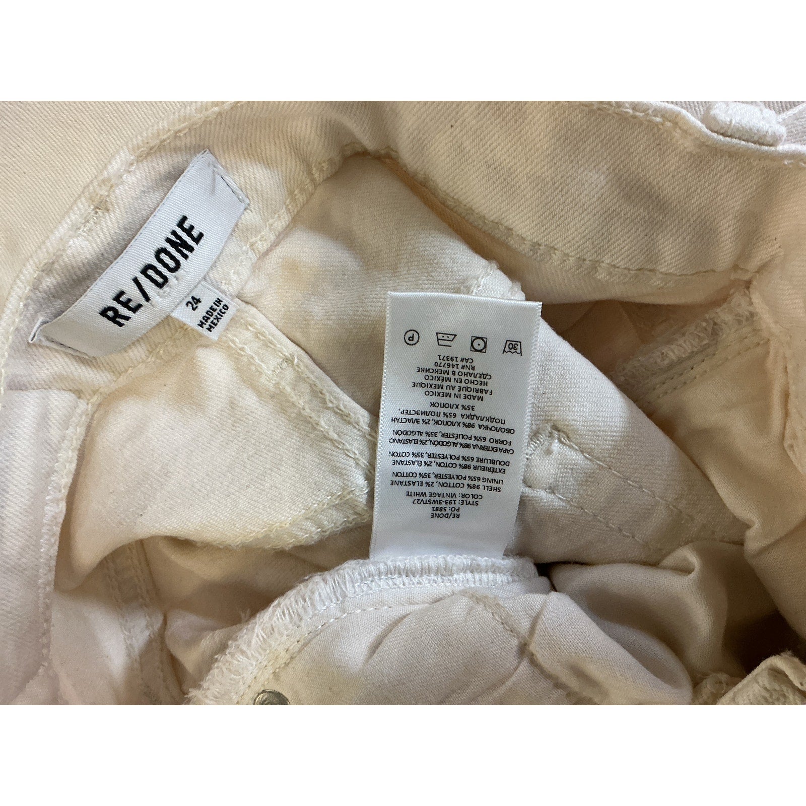 Re/Done '70S' Ivory Cotton High-Rise Stove Pipe Jeans Size 24