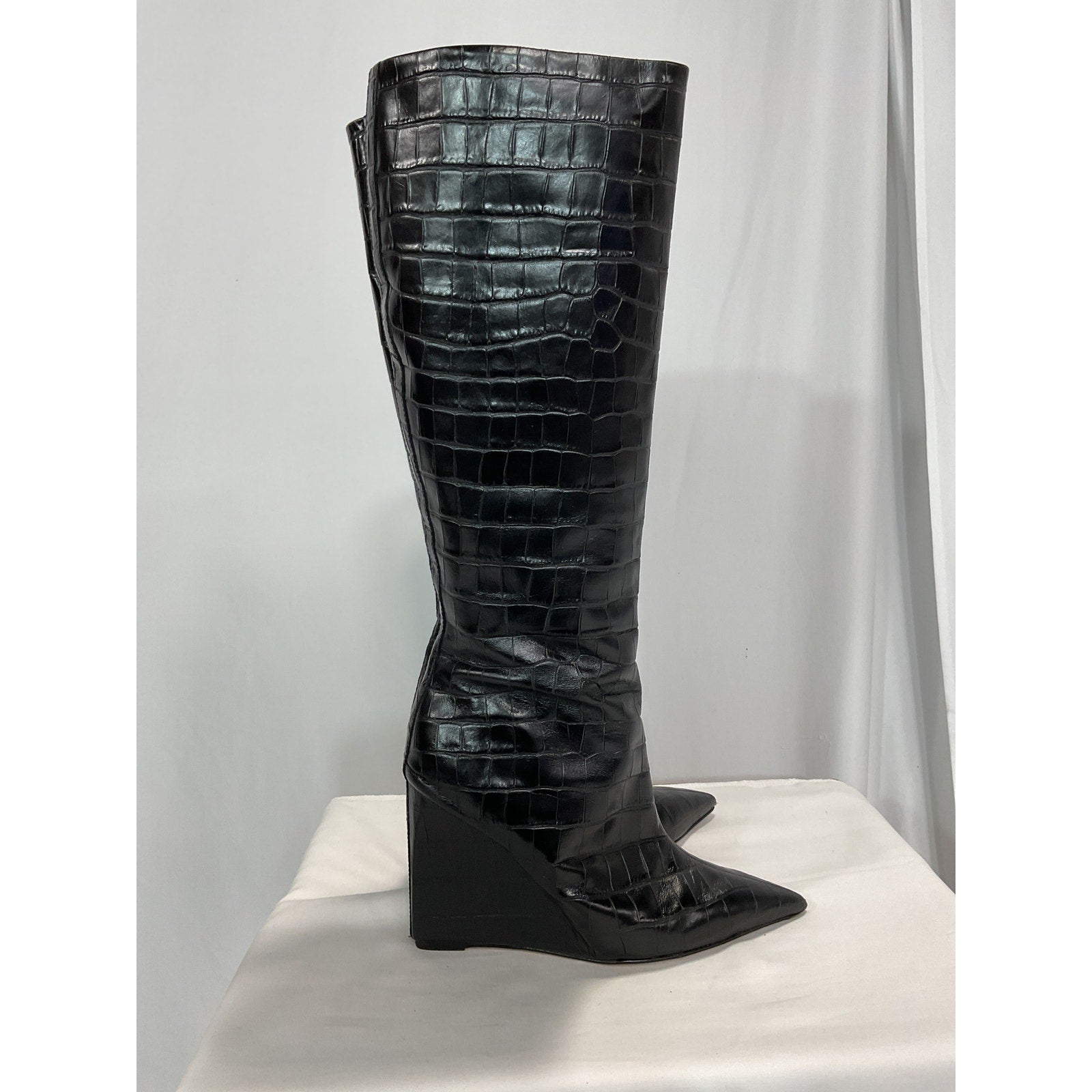 Schutz 'Asya Up' Black Suede Leather Wedge Knee High Boot Size 9