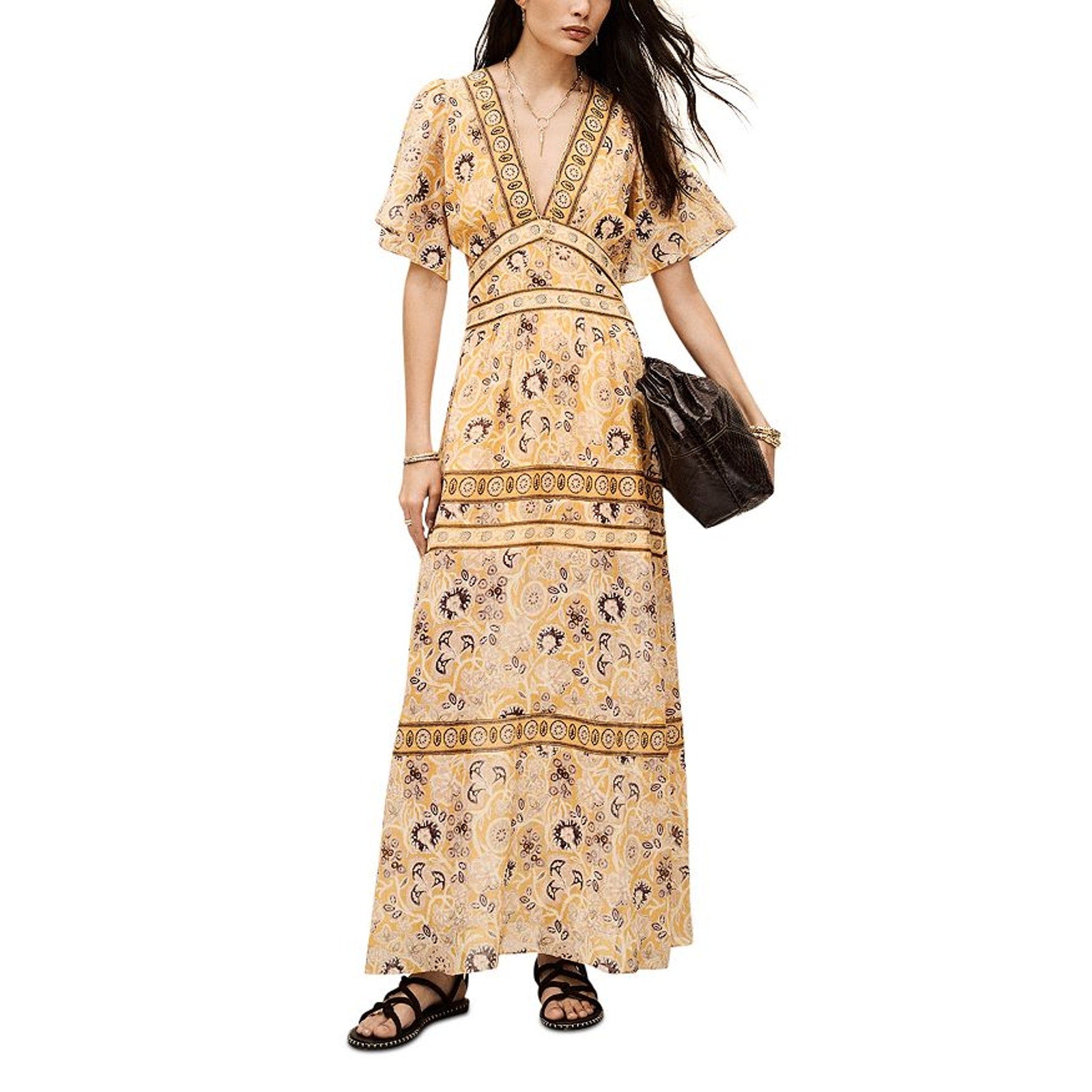 Ba&Sh 'Alia' Yellow Cotton Printed Open Back Maxi Dress Size XS