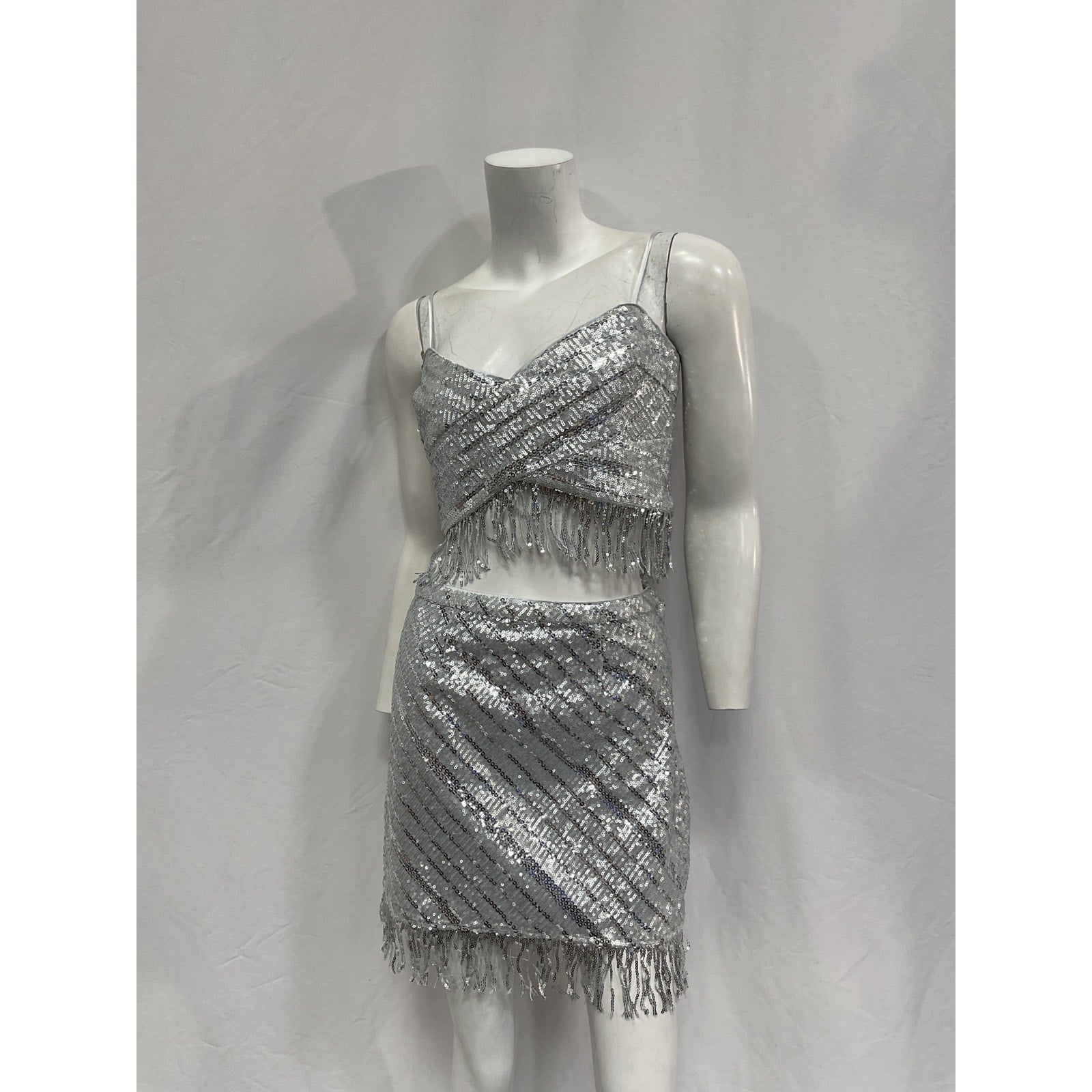 Saylor 'Persephone' Silver Polyester Top & Mini Skirt Set Size S