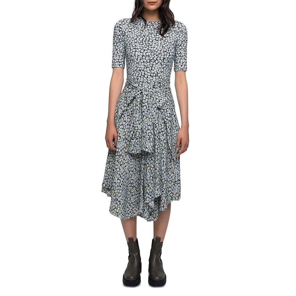 Maje Blue Floral Print Tie Waist Dress Size 38