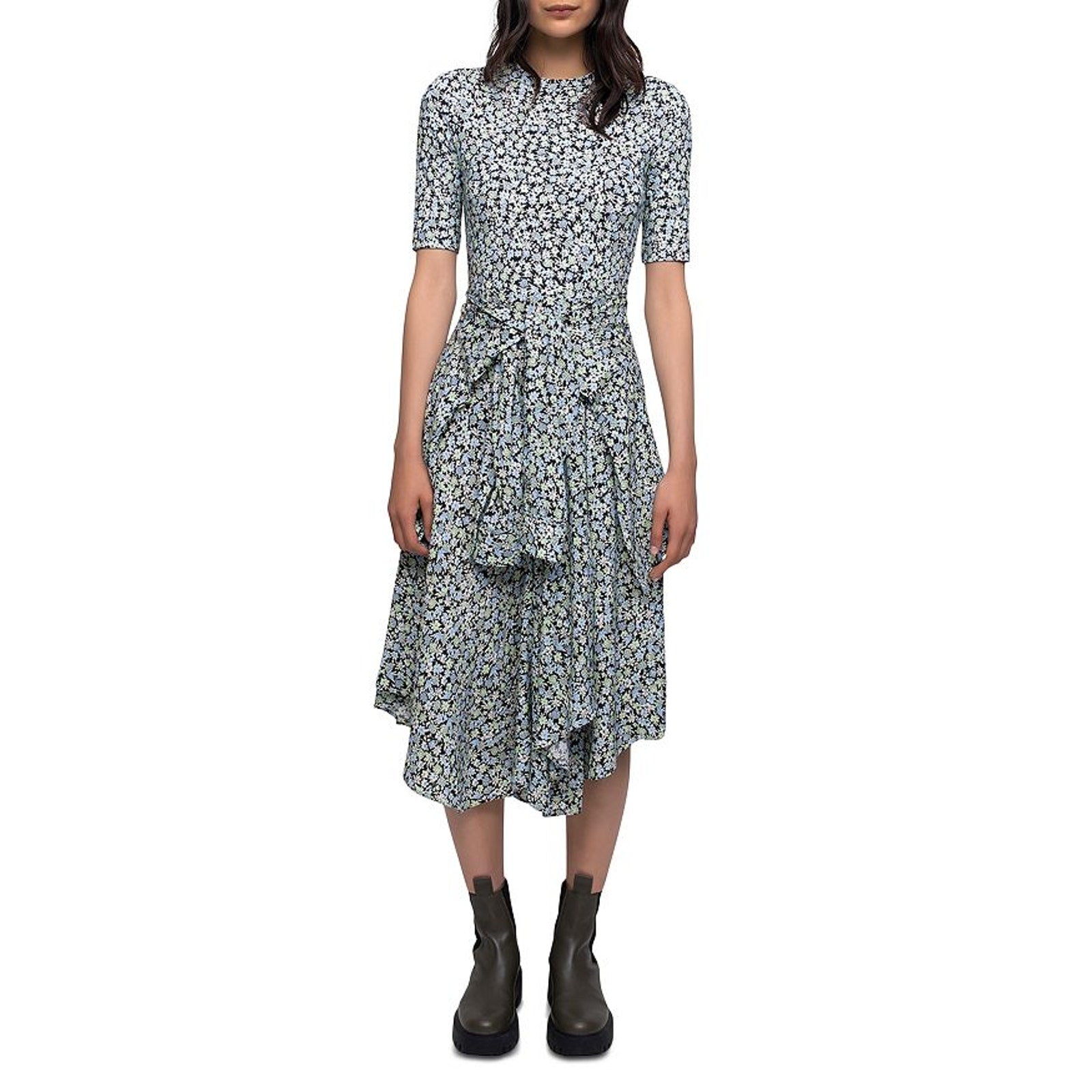 Maje Blue Floral Print Tie Waist Dress Size 38