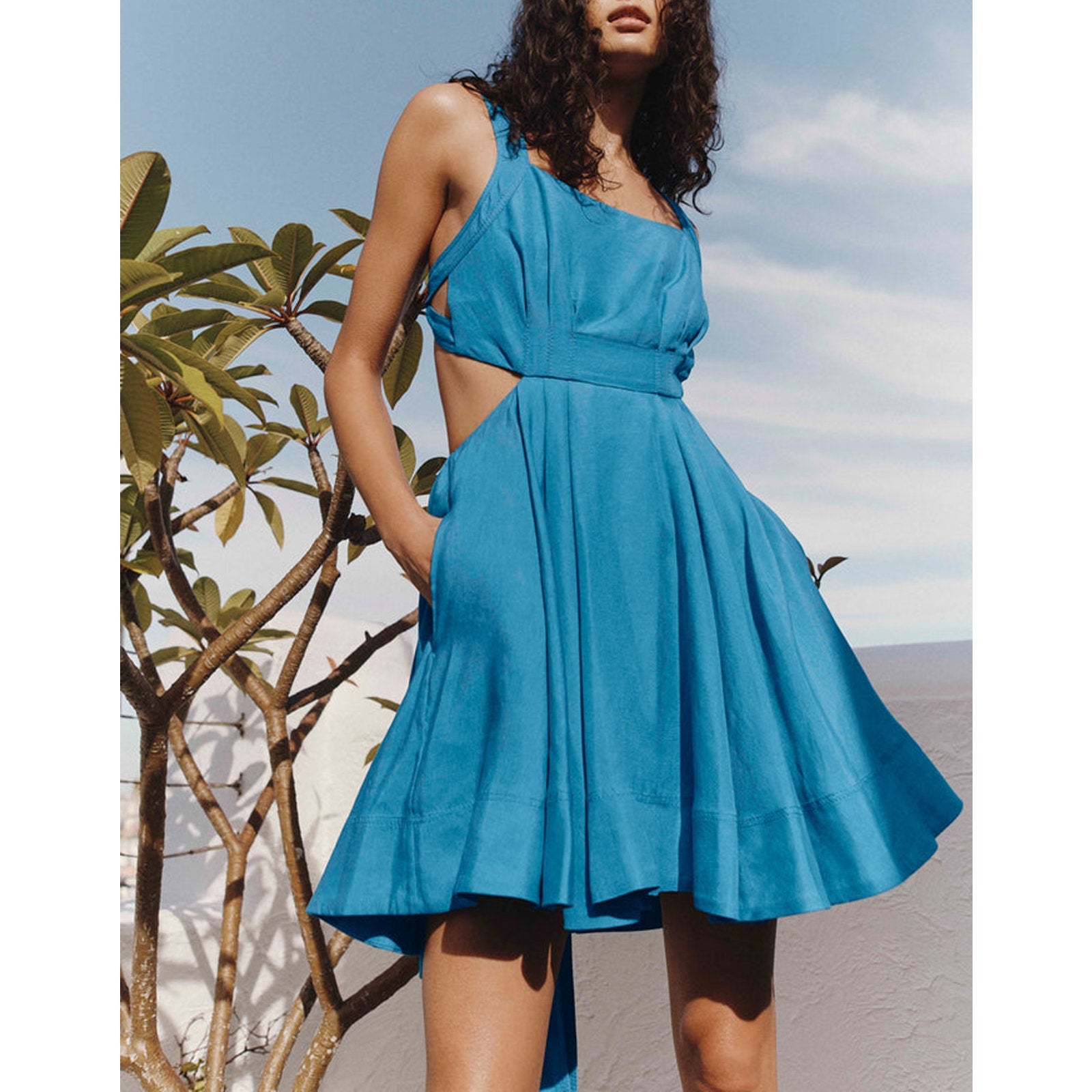 Aje 'Clara' Blue Tie Back Square Neck Mini Dress Size 8