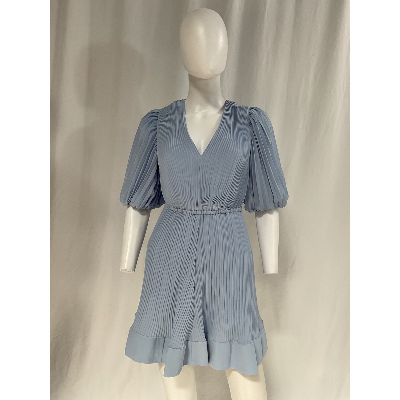 Milly 'Elle' Blue Plissé-Pleated V Neck Elbow Sleeve Mini Dress Size 4