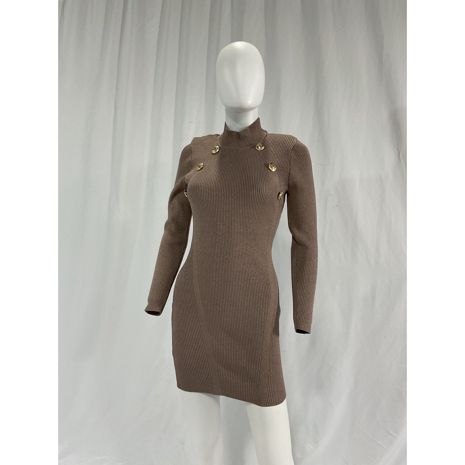 Retrofete 'Aislinn' Brown High Neck Gold Button Dress Metallic Satellite Size M
