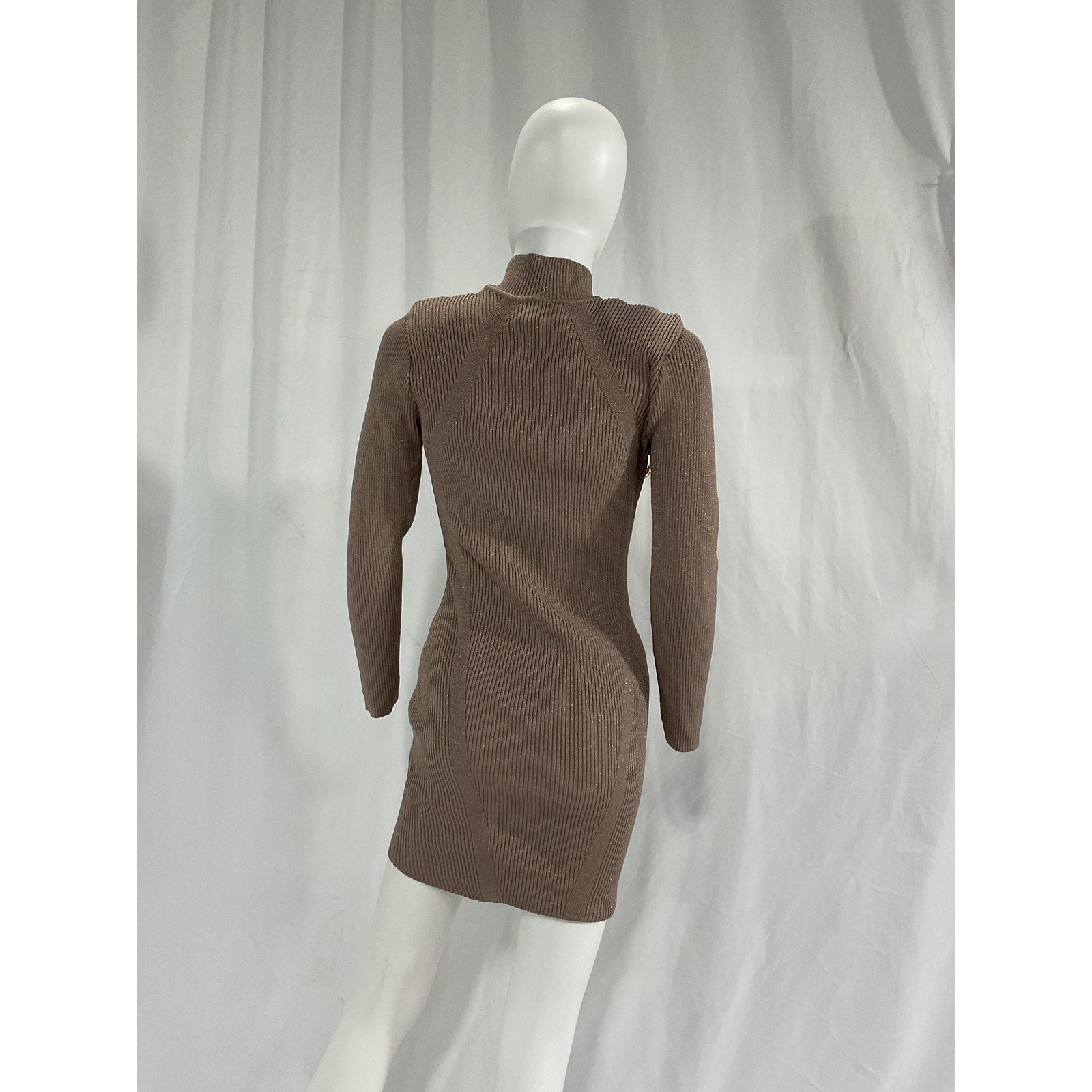 Retrofete 'Aislinn' Brown High Neck Gold Button Dress Metallic Satellite Size M