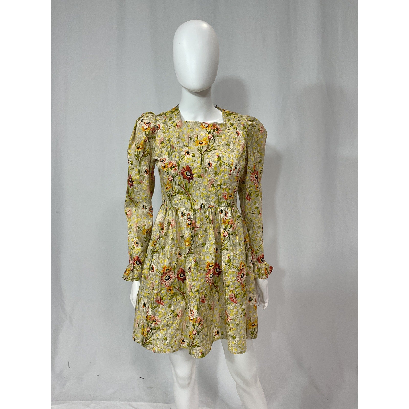 Batsheva 'Prairie' Yellow Floral Print Square Neck Mini Long Puff Sleeve Dress Size 2 - NWT