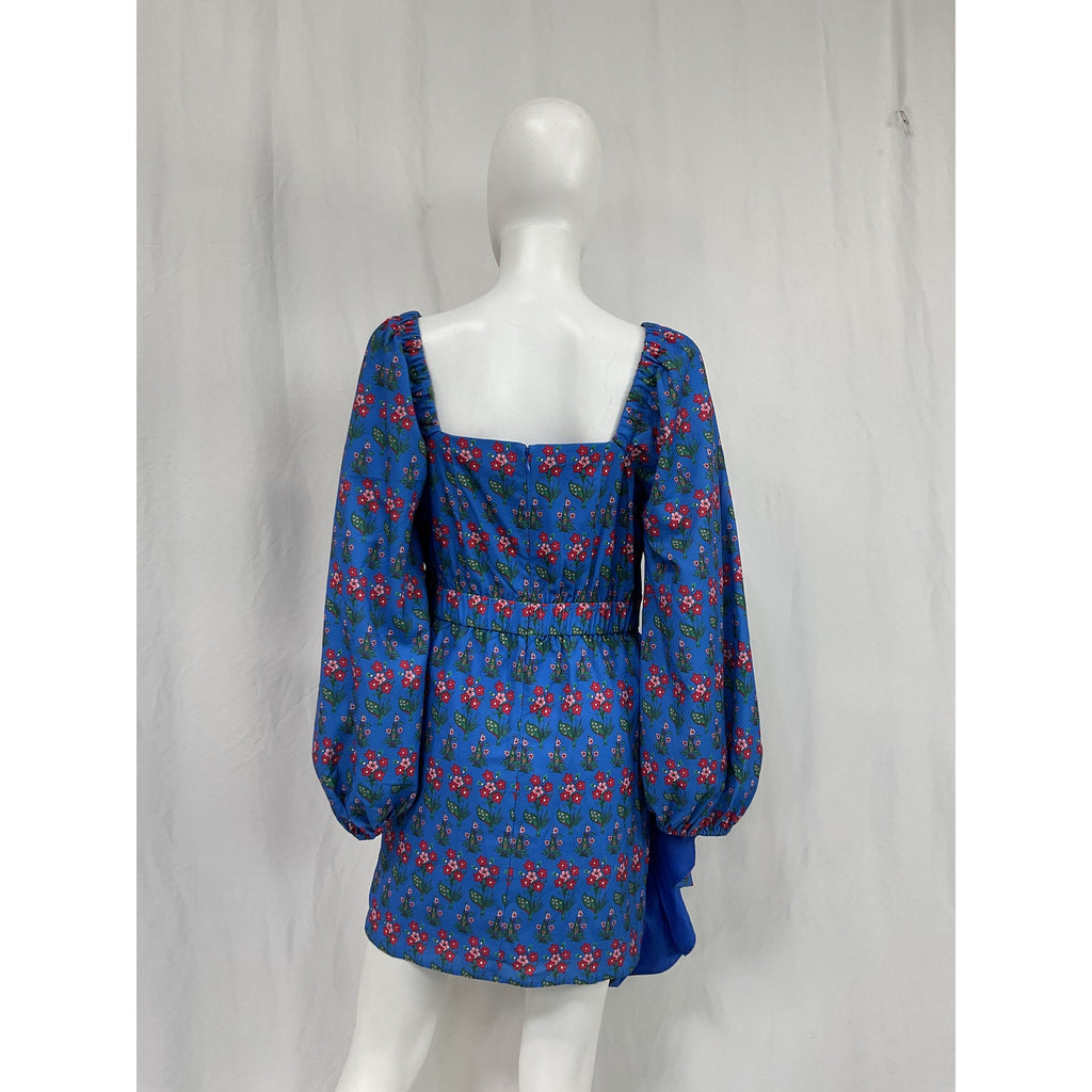 Rhode 'Mina' Blue Polyester Draped Floral-Print Crepe De Chine Mini Dress Size M