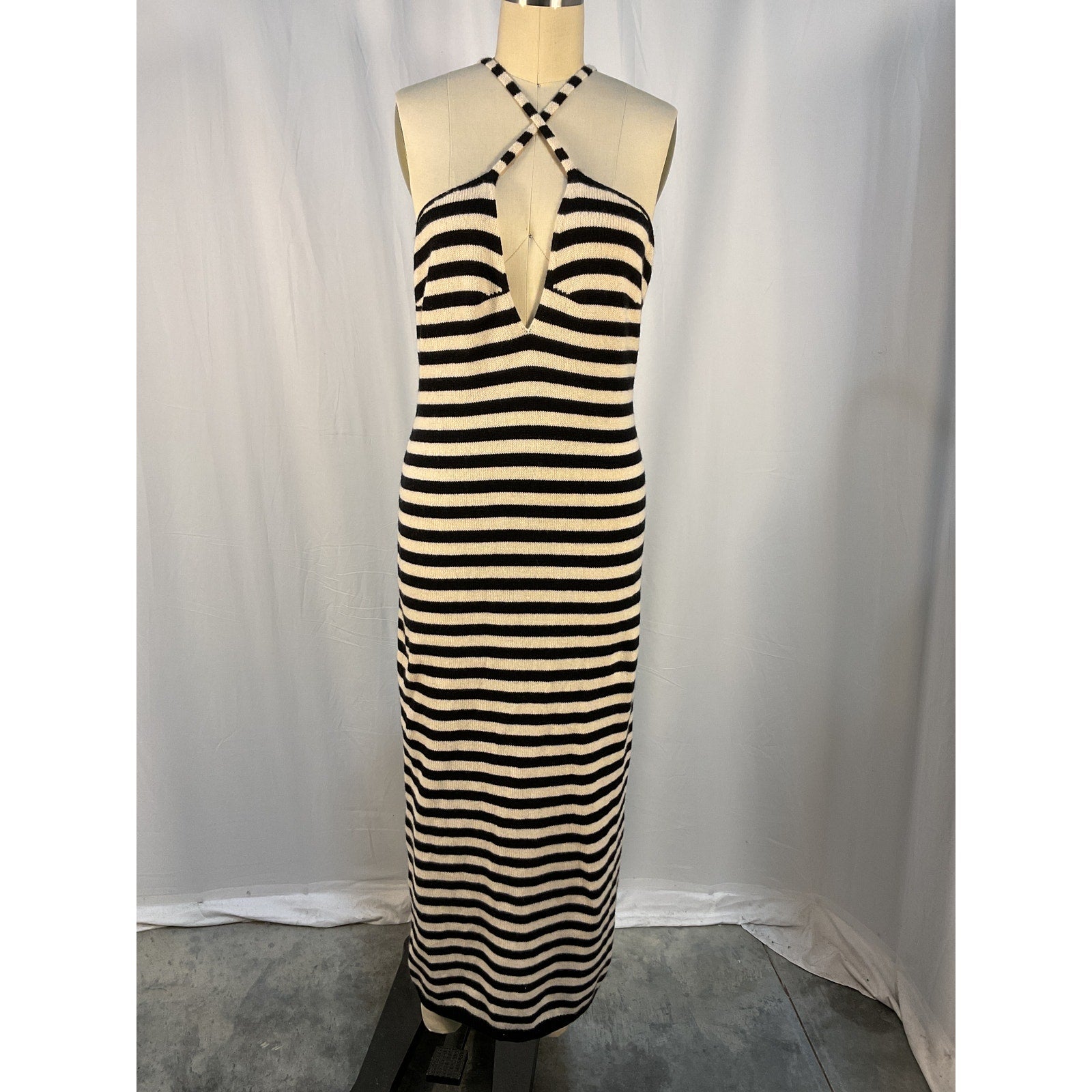 Khaite 'Georgia' Black Striped Cashmere V Neck Cross Back Straps Midi Dress Size L - NWT