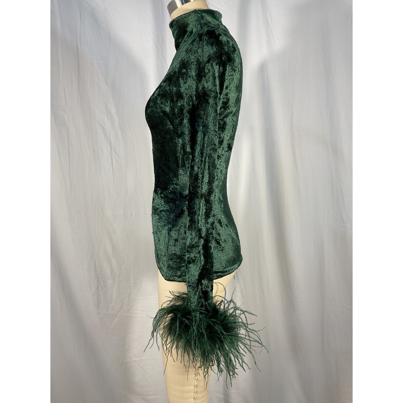 Lapointe Feather-Trimmed Green Mock Funnel Neck Long Dolman Sleeve Velvet Top Size S
