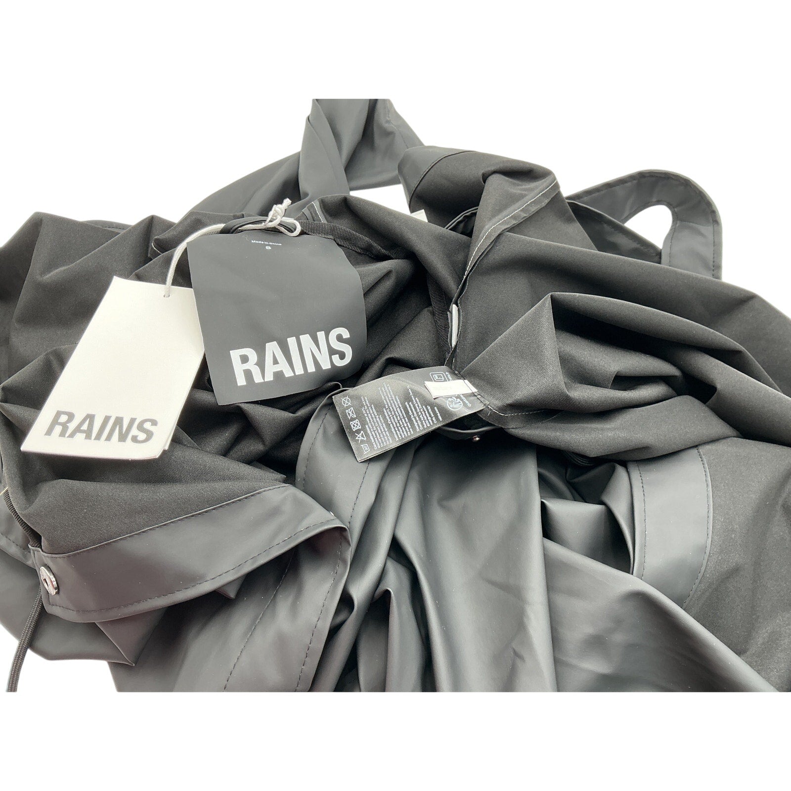 Rains Waterproof A-Line Black Polyester Long Raincoat Size S