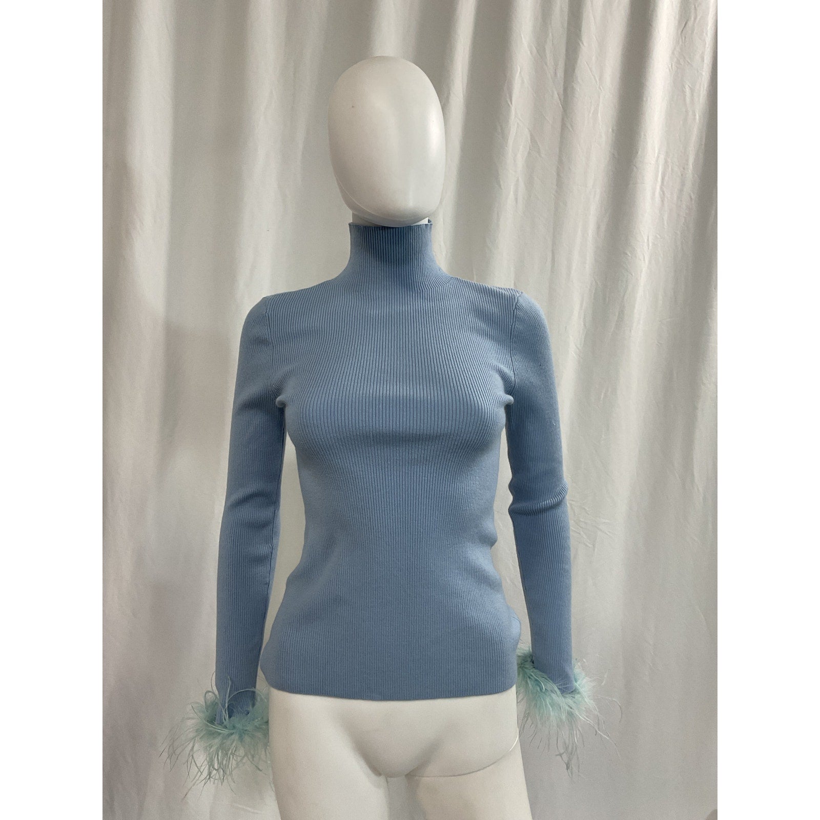Maje 'Manuplume' Blue Mockneck Ribbed Feather Cuff Sweater Size 2