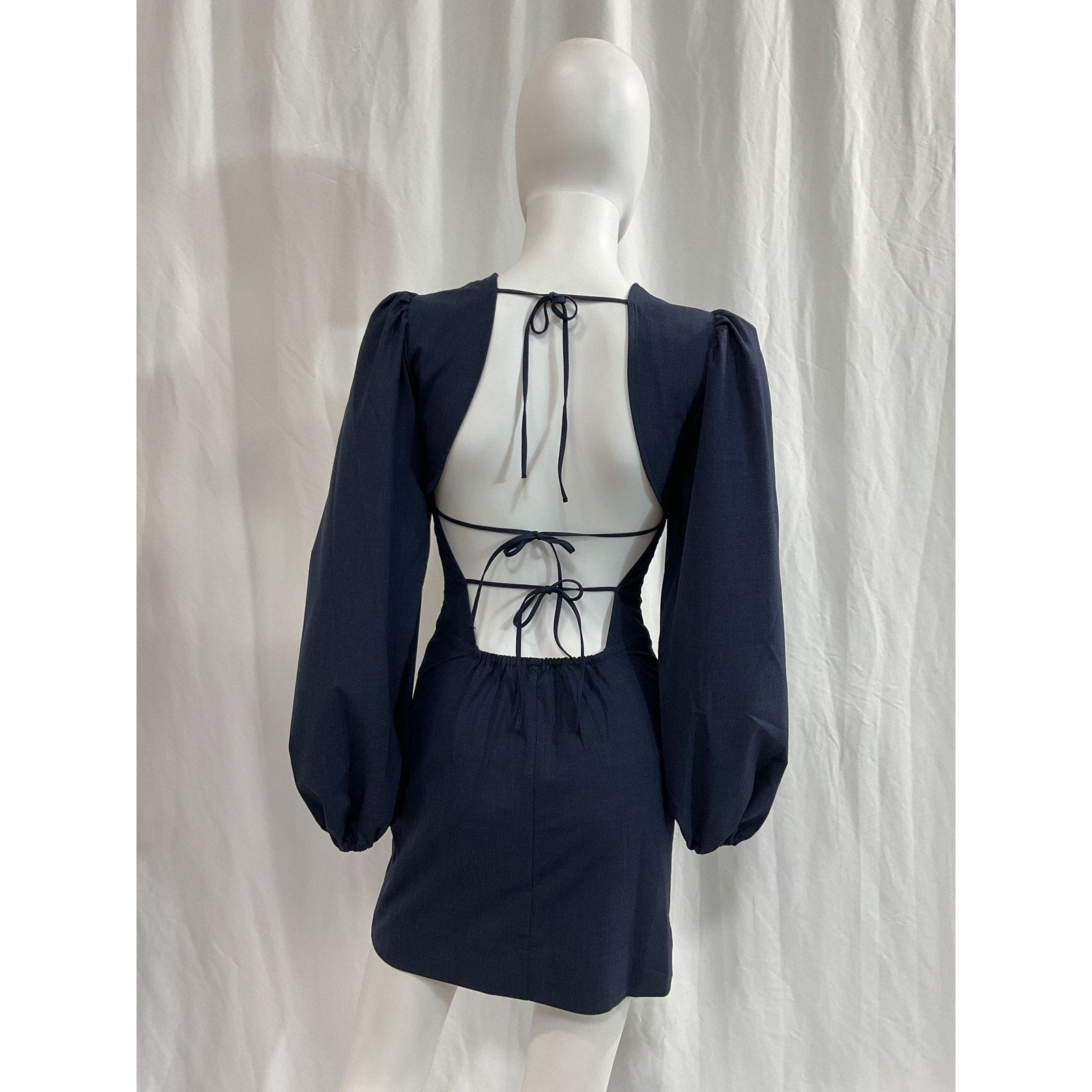 Ganni 'Drapey' Navy Melange Open Back Long Sleeve Mini Dress Size 32