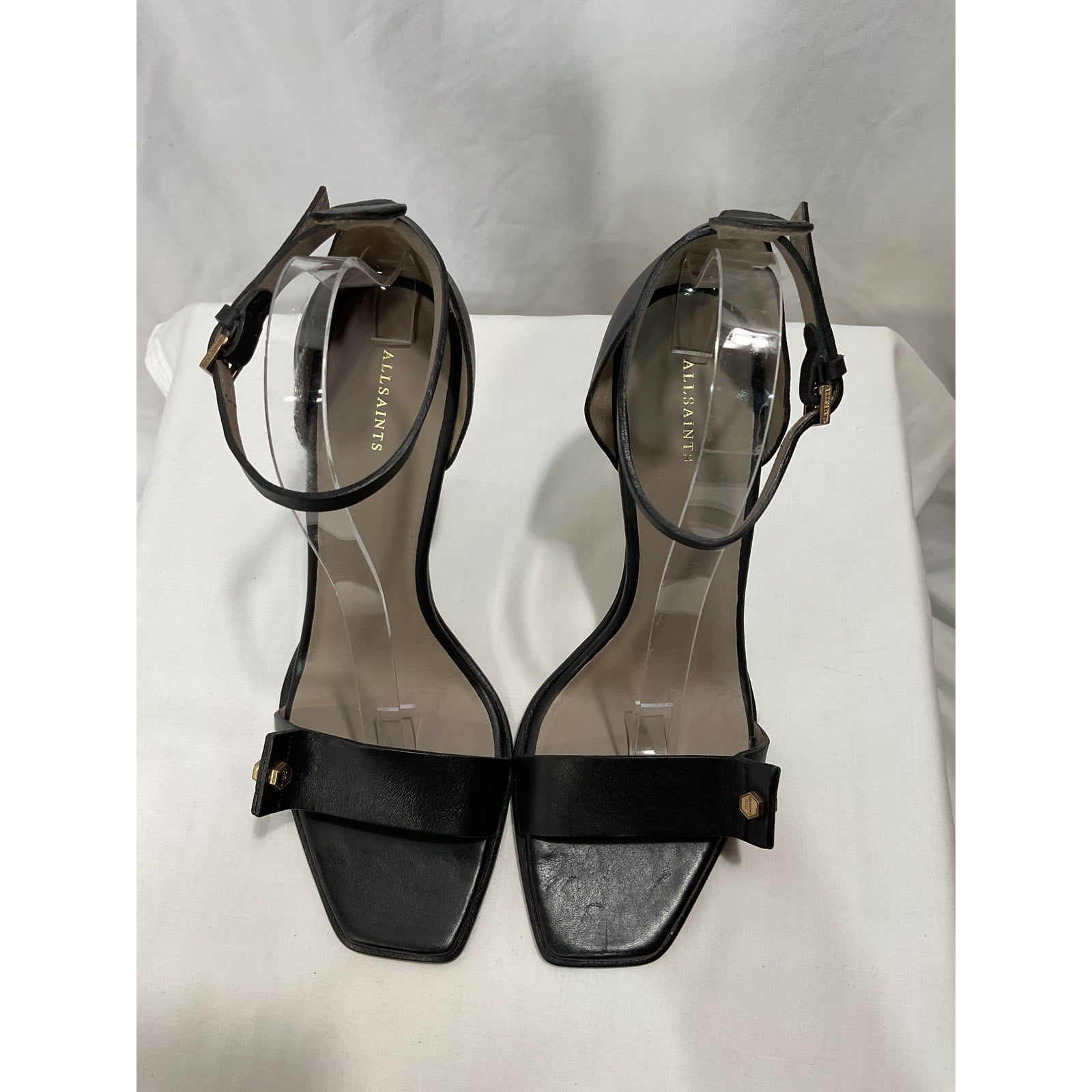 Allsaints 'Betty' Black Leather Square Open Toe Bolt Style High Heel Sandals Size 11