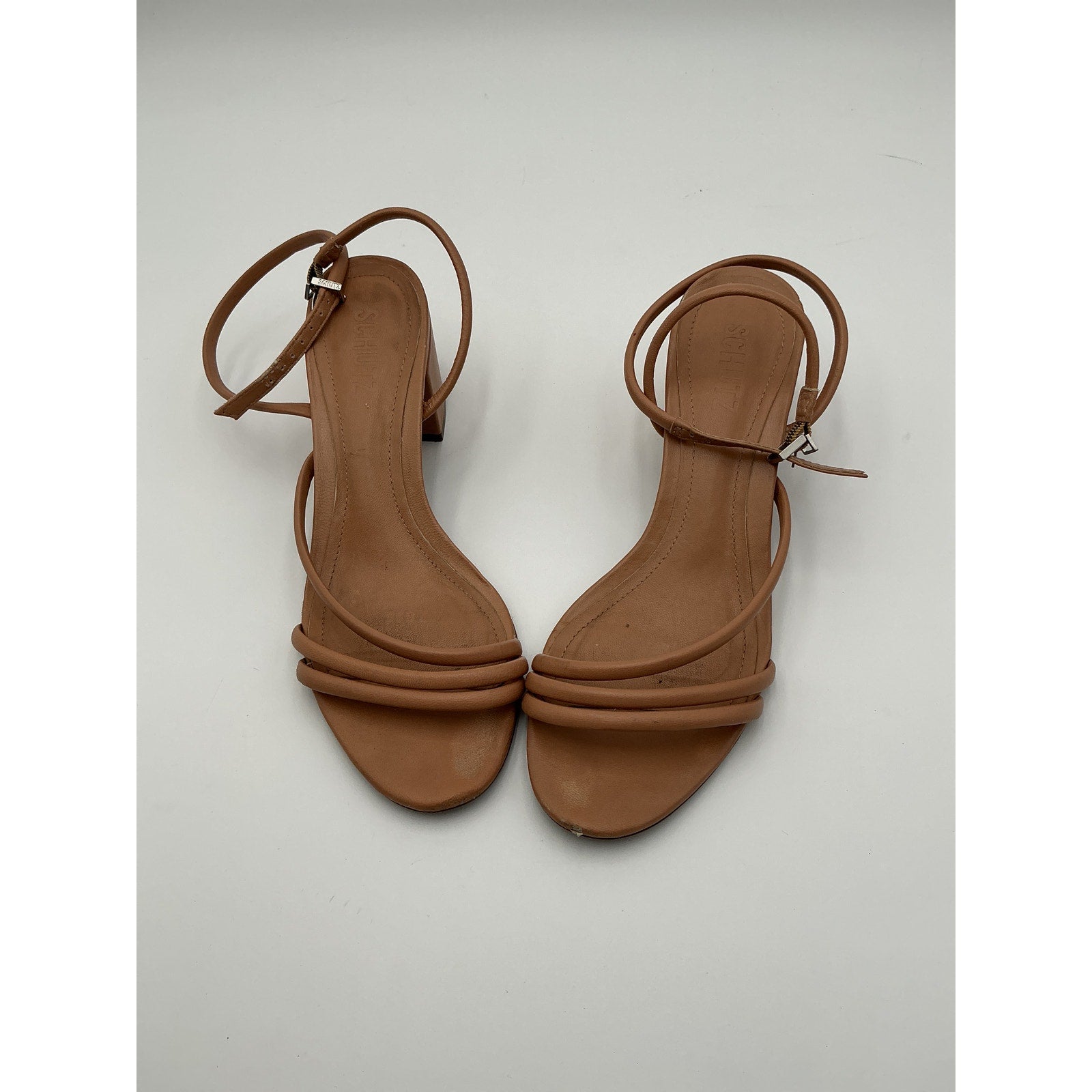 Schutz 'Aiyra' Beige Leather Mid Block Sandal Size 8