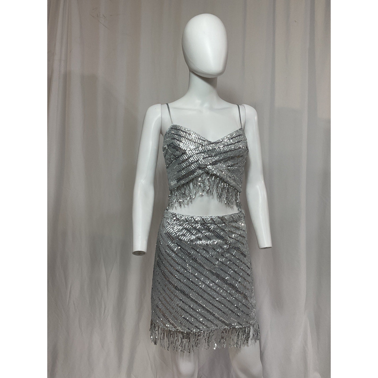 Saylor 'Persephone' Silver Sequin Embellished Top & Mini Skirt Set Size S