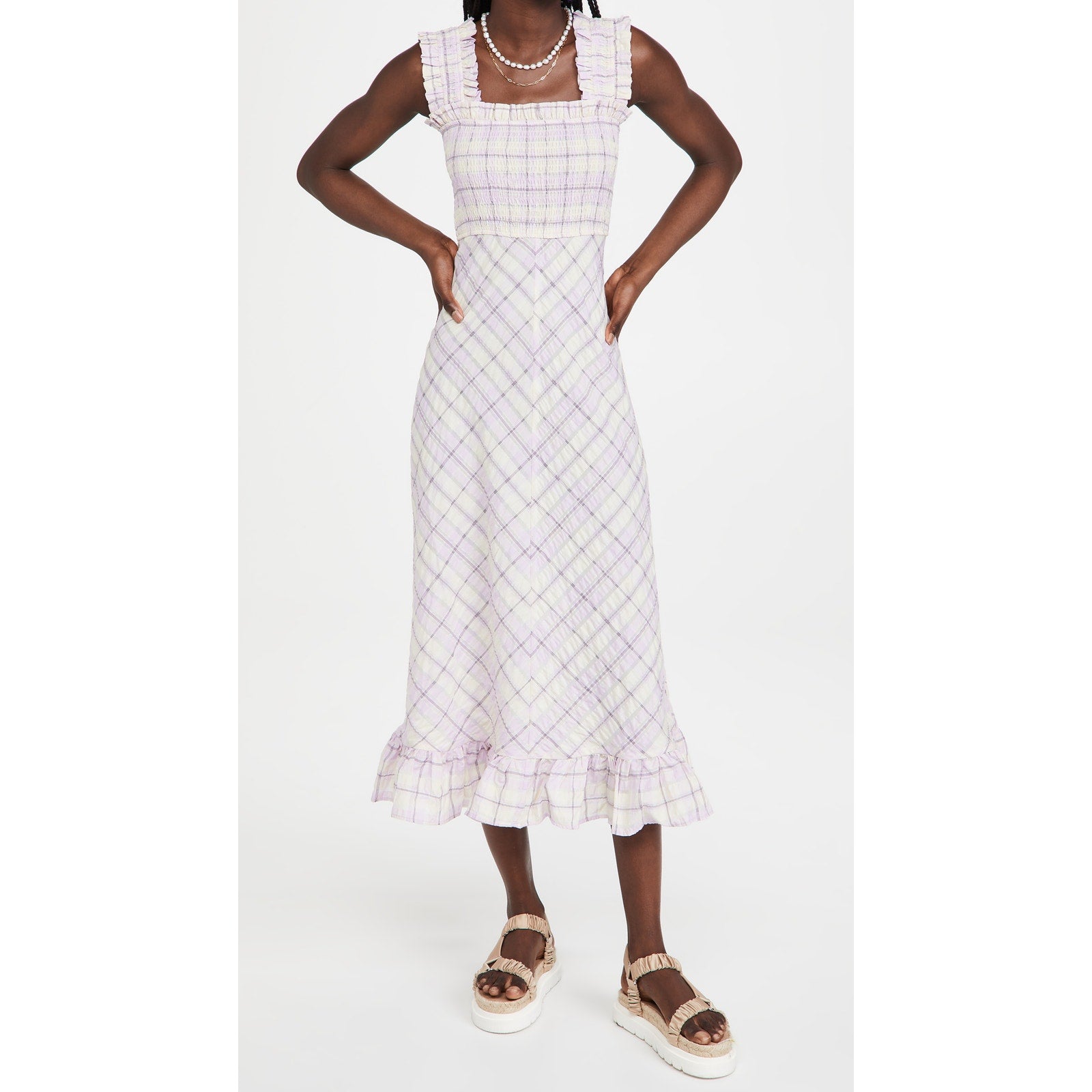 Ganni 'Seersucker' Purple Seersucker Plaid Check Dress Size 36