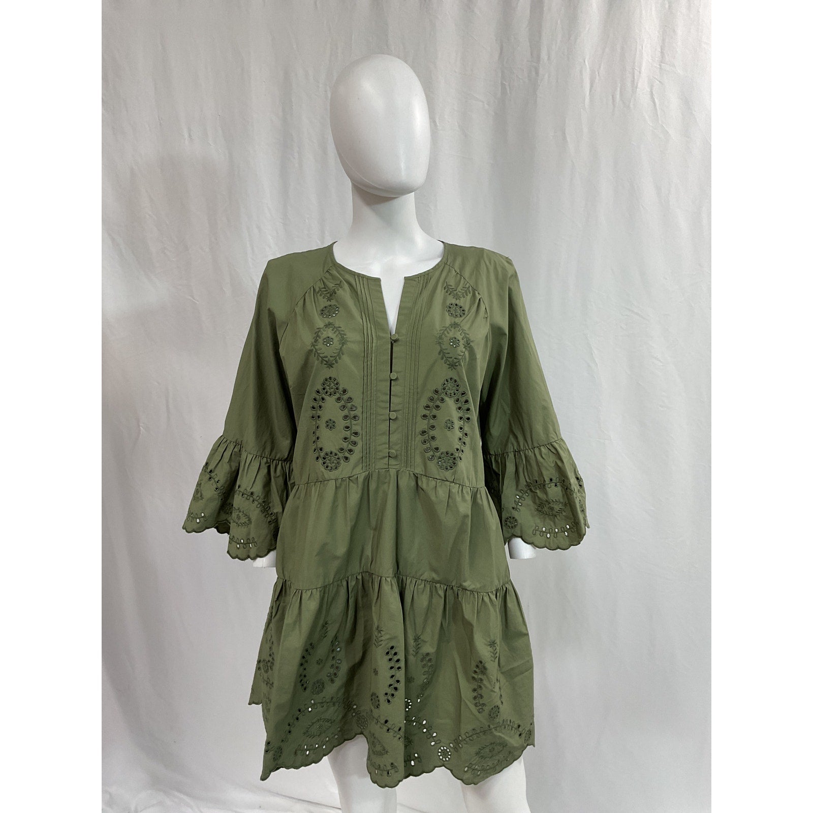 Self-Portrait 'Broderie' Green Organic Cotton Mini Dress Size 4