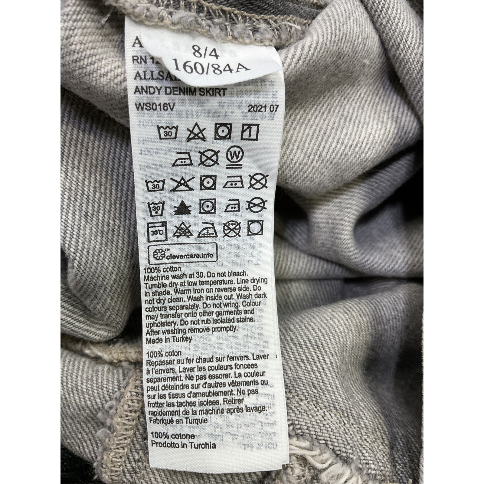 Allsaints 'Andy' Grey Cotton Denim Skirt Size 4