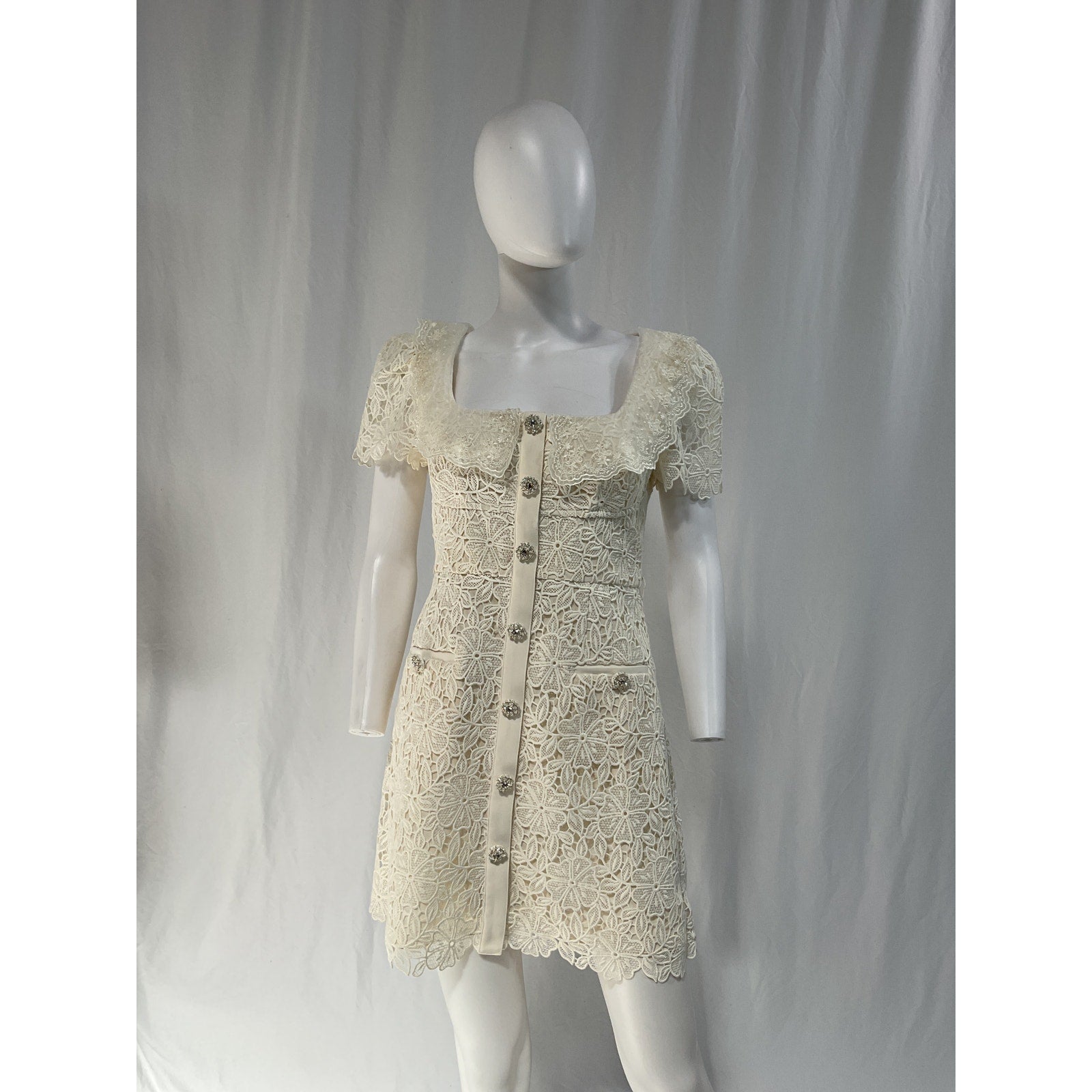 Self-Portrait 'Guipure' White Lace Short Sleeve Belted Minidress Size 6