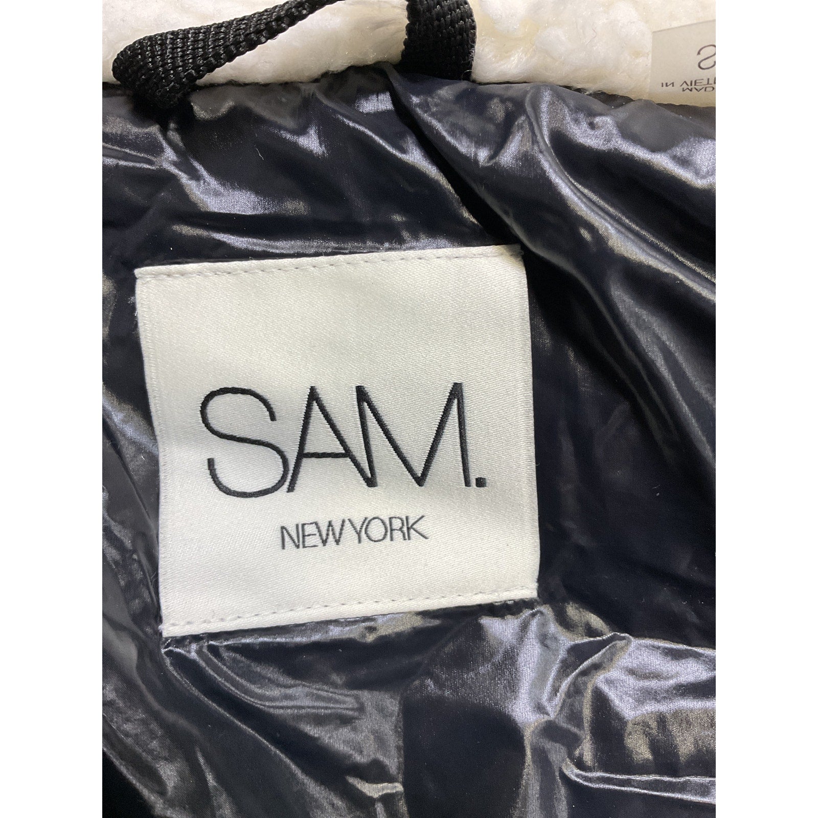 Sam. 'Billie' Black Sherpa Trim Puffer Vest Size S